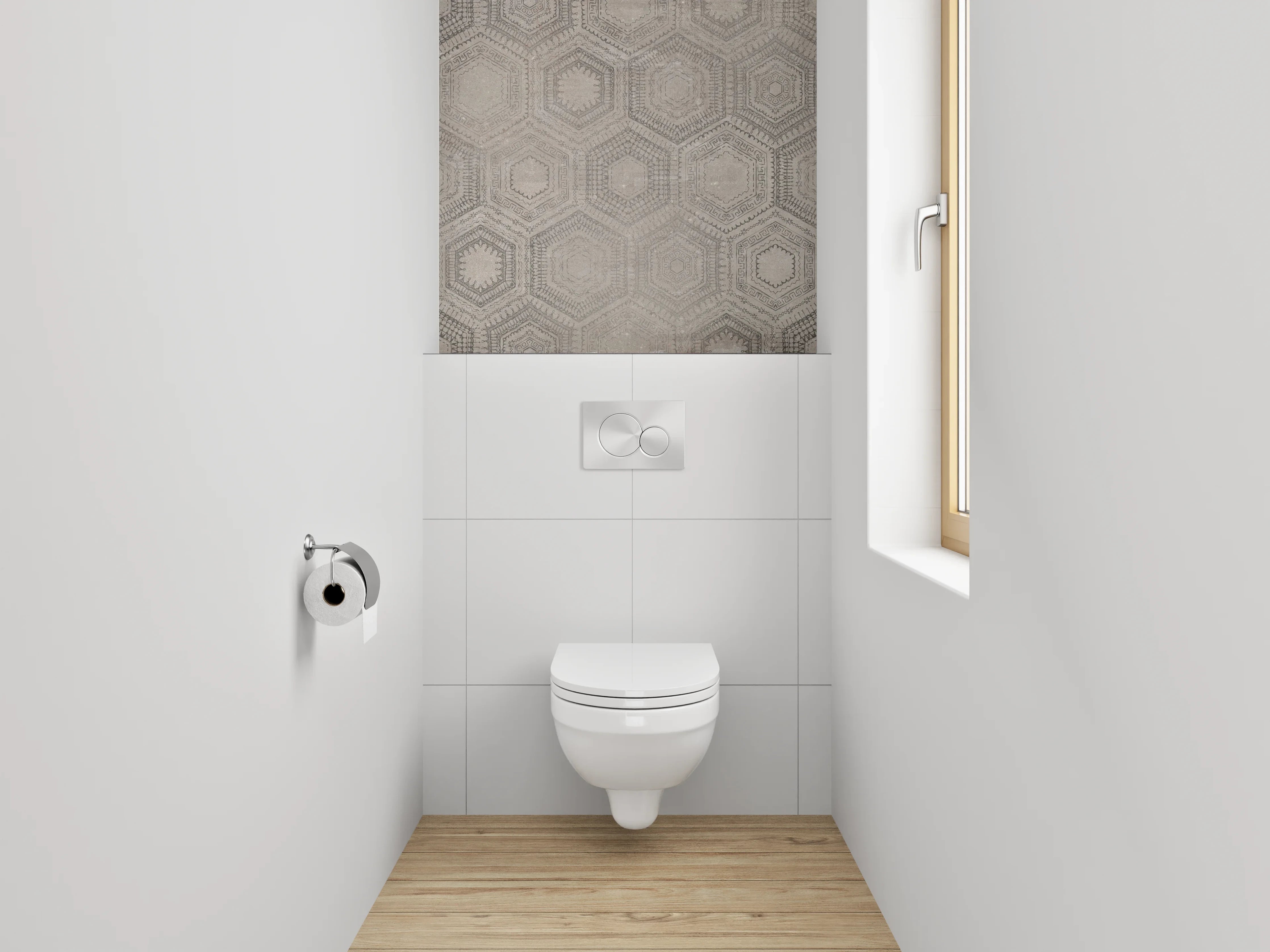 WC-Rückwand - Hexagon Vintage Muster Fliesenoptik Grau