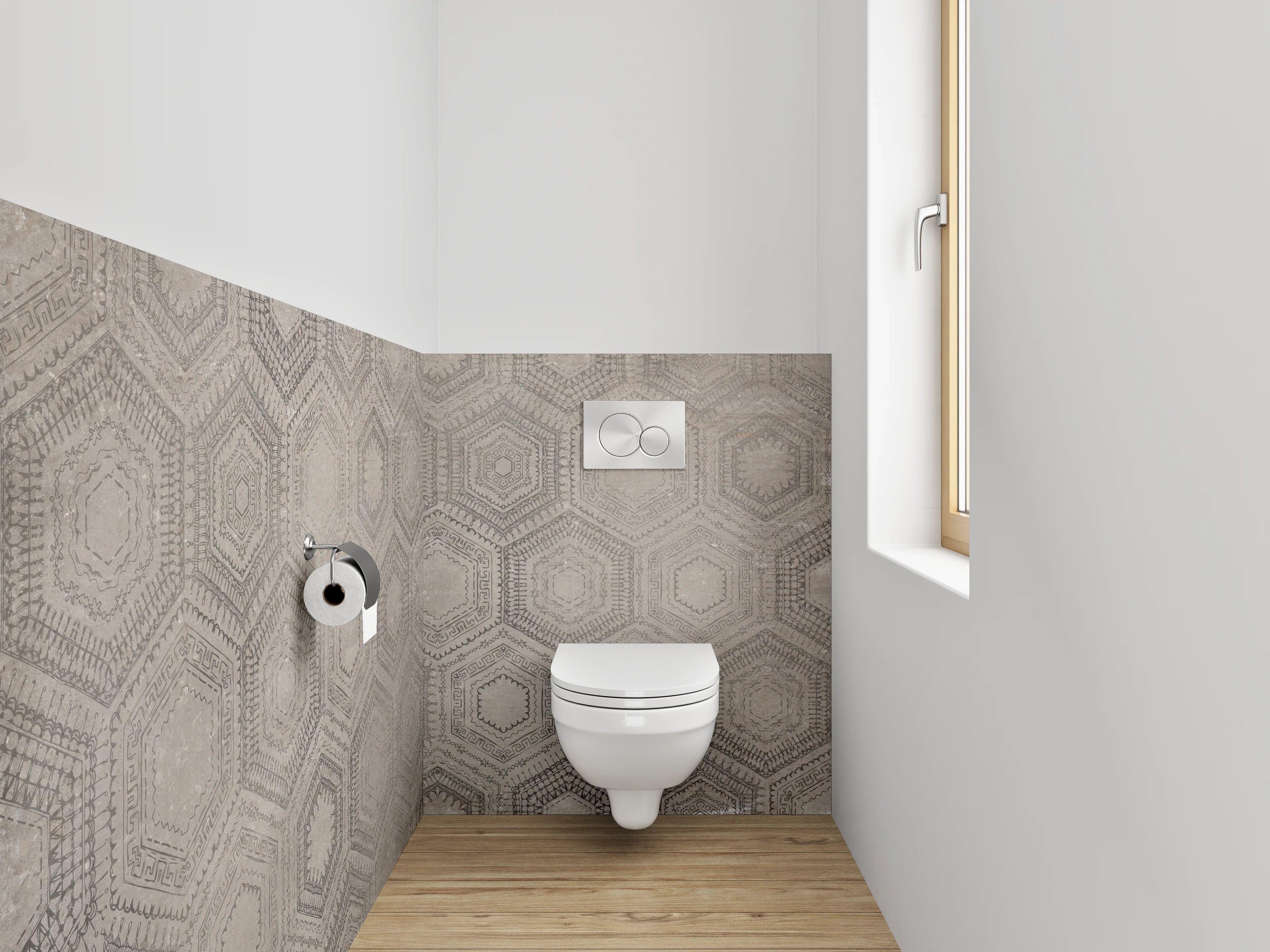 WC-Rückwand - Hexagon Vintage Muster Fliesenoptik Grau