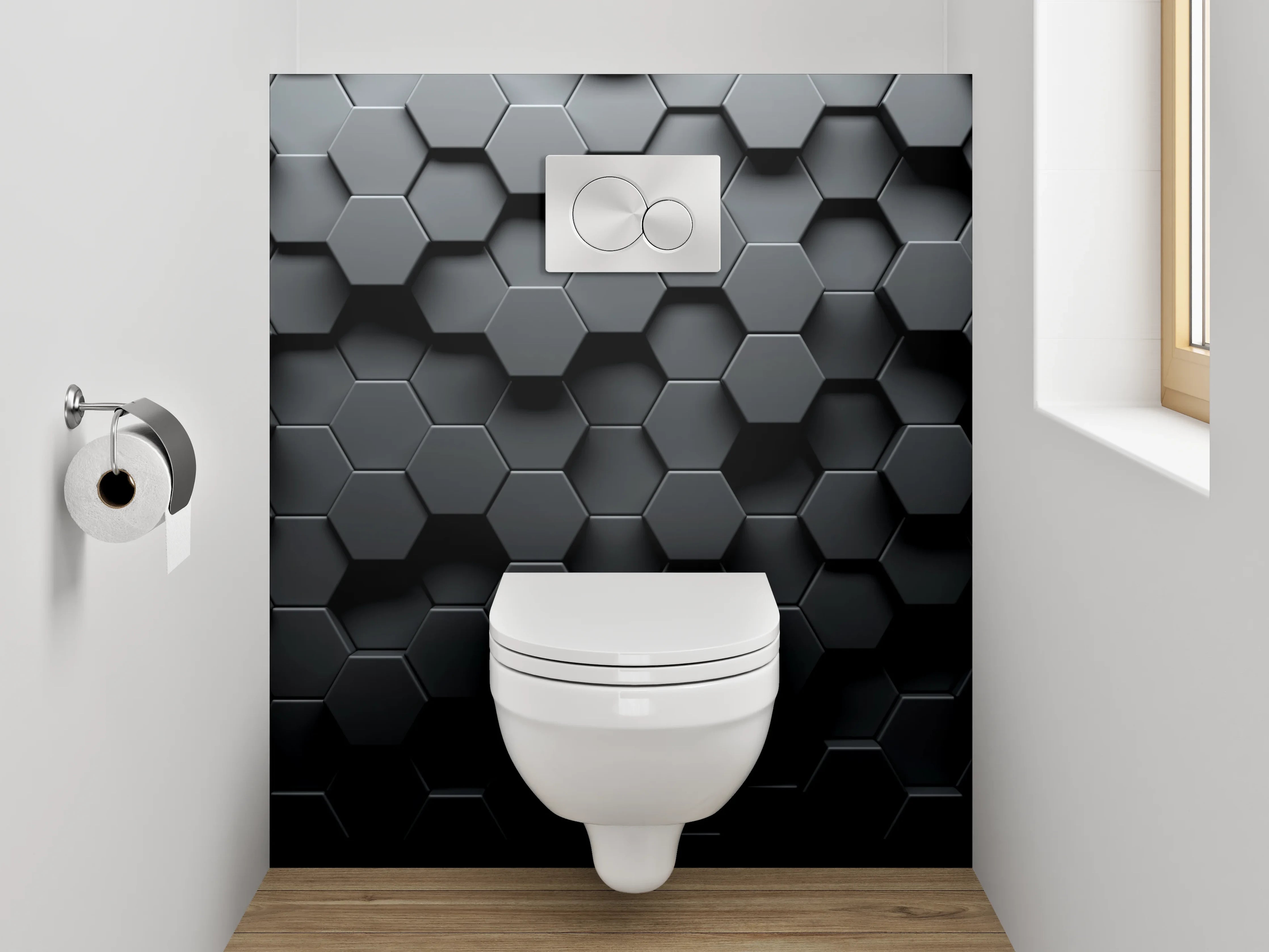 WC-Rückwand - Hexagon Waben Schwarz 3D Effekt