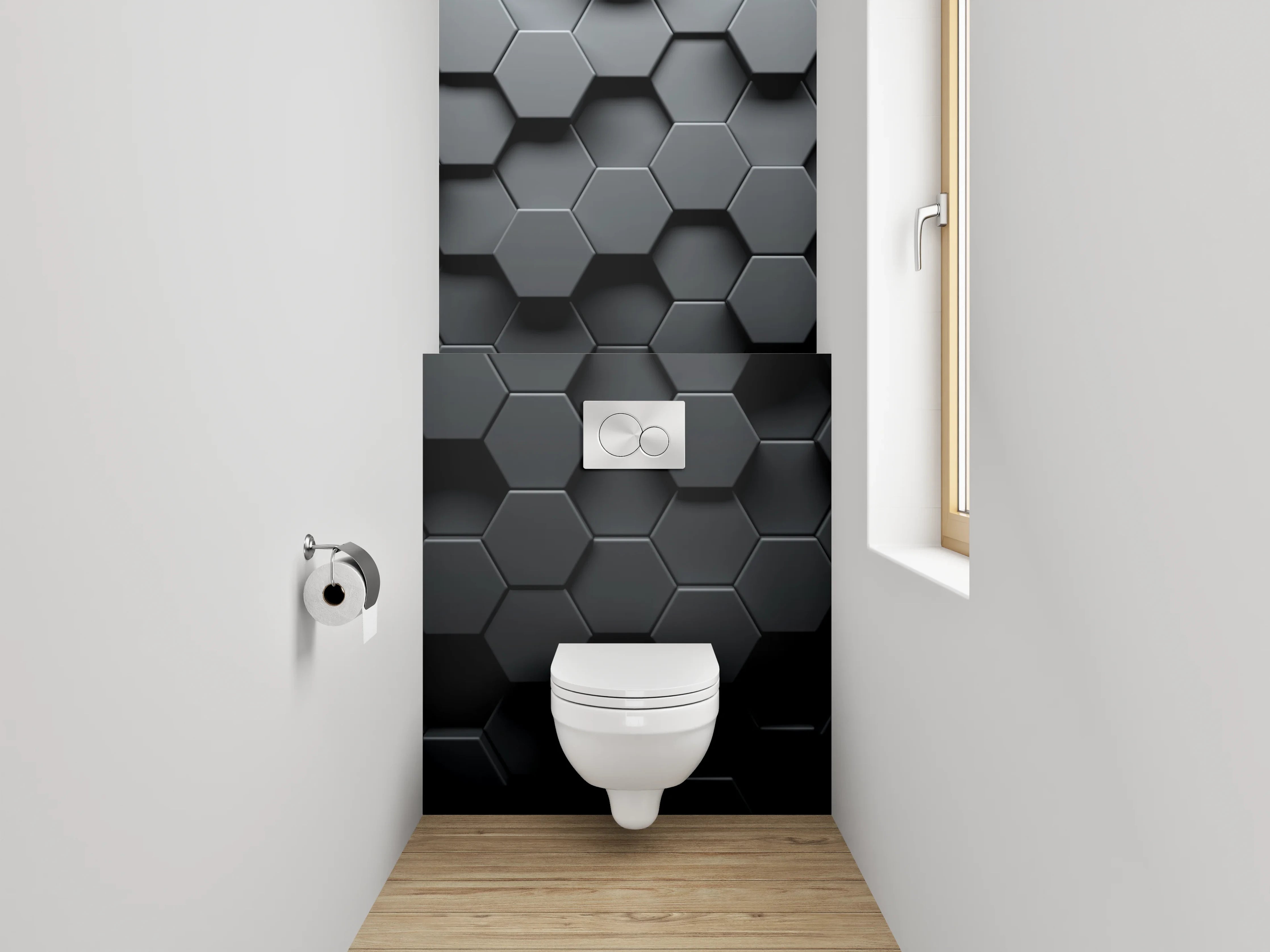 WC-Rückwand - Hexagon Waben Schwarz 3D Effekt