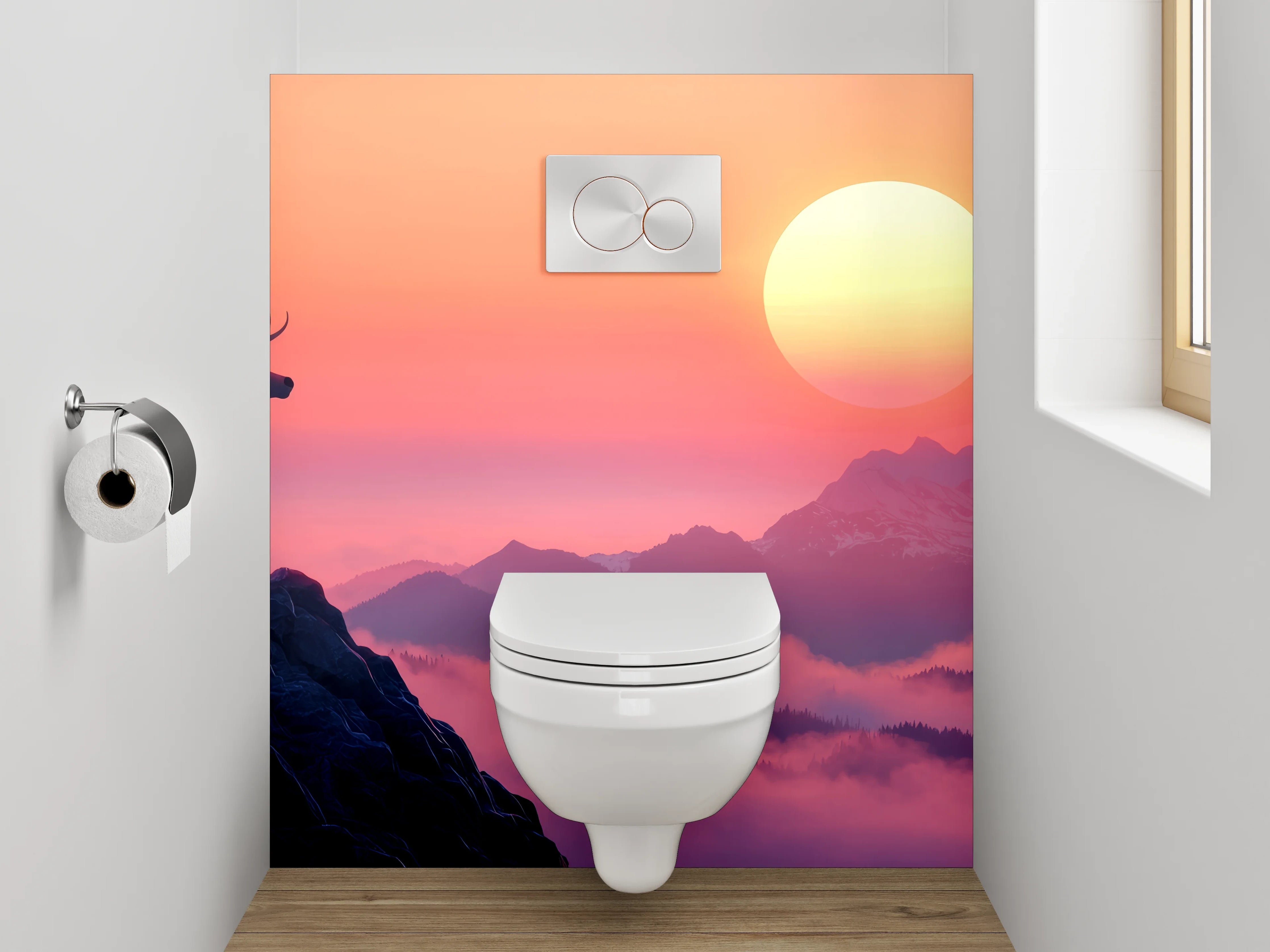 WC-Rückwand - Hirsch auf Berg im Sonnenuntergang