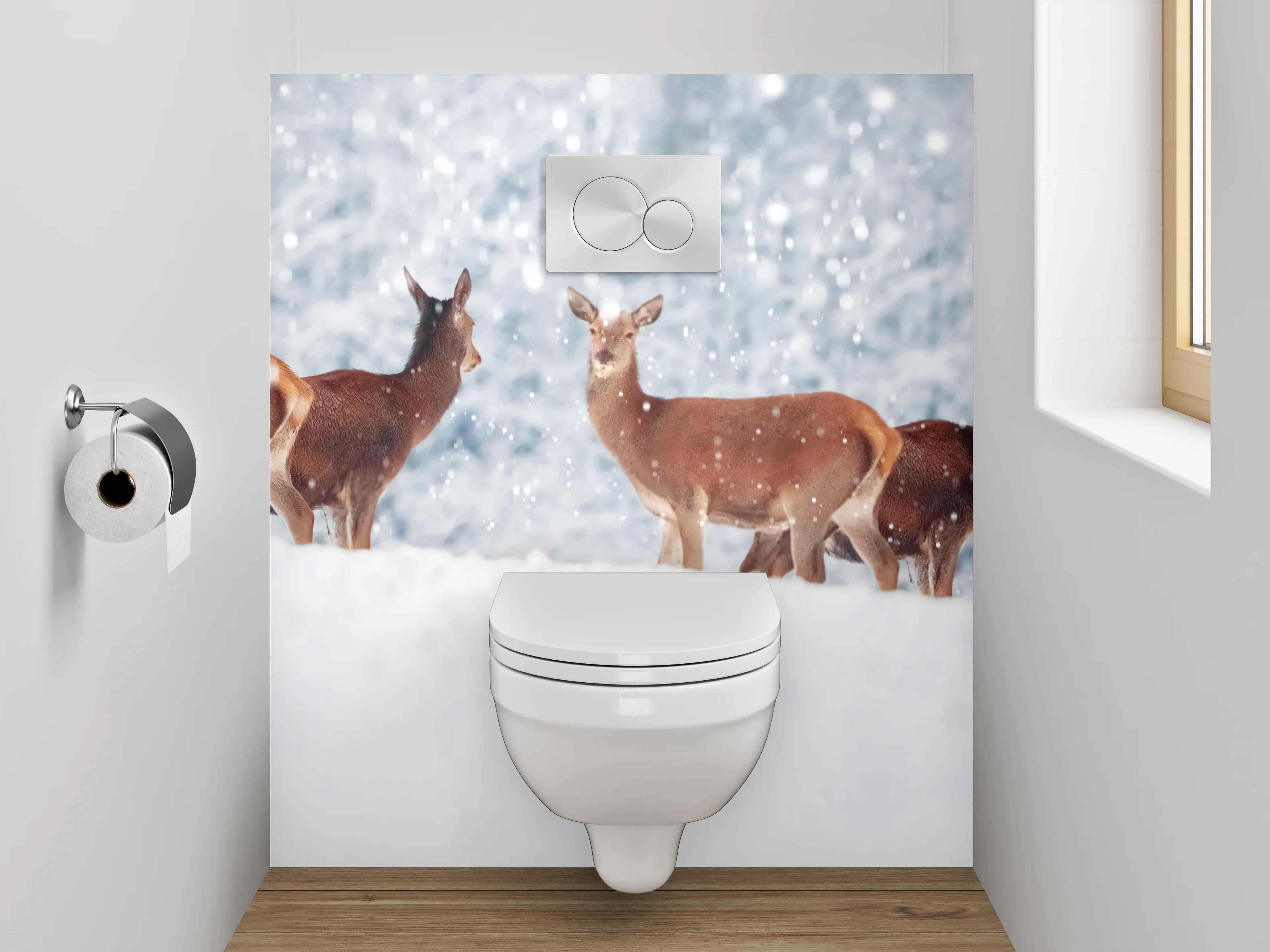 WC-Rückwand - Hirsche im verschneiten Winterwald Panorama