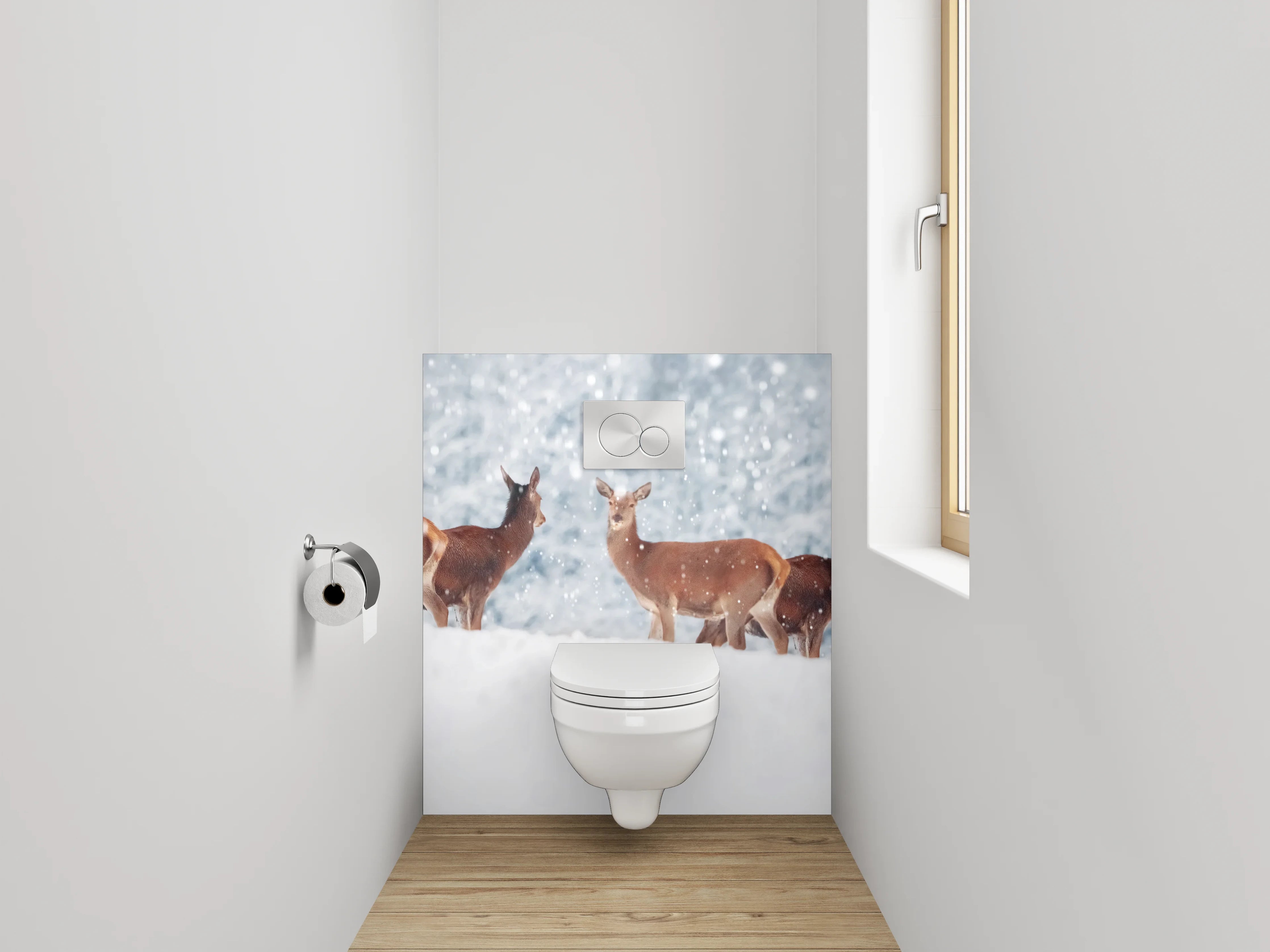 WC-Rückwand - Hirsche im verschneiten Winterwald Panorama
