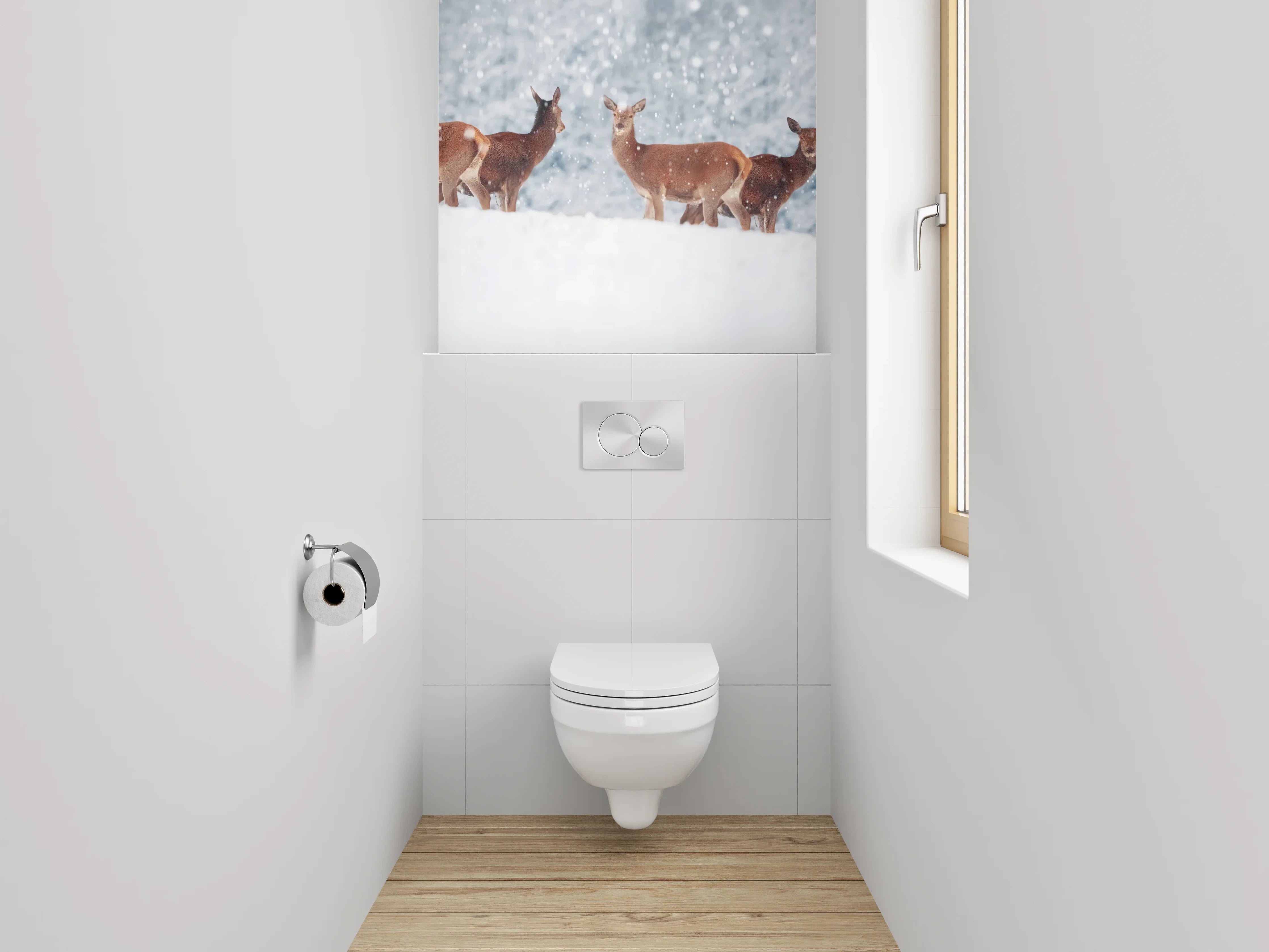 WC-Rückwand - Hirsche im verschneiten Winterwald Panorama