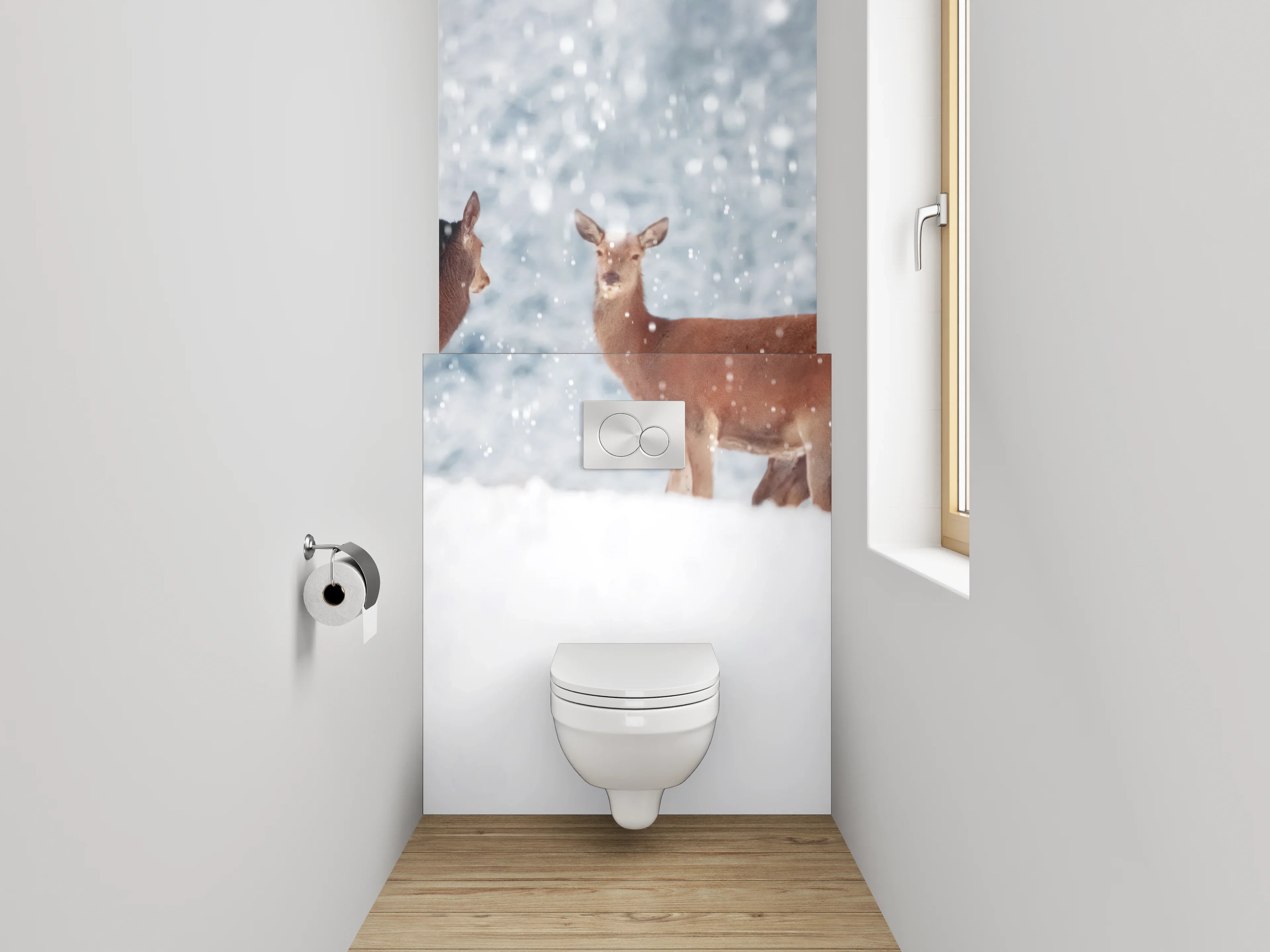 WC-Rückwand - Hirsche im verschneiten Winterwald Panorama