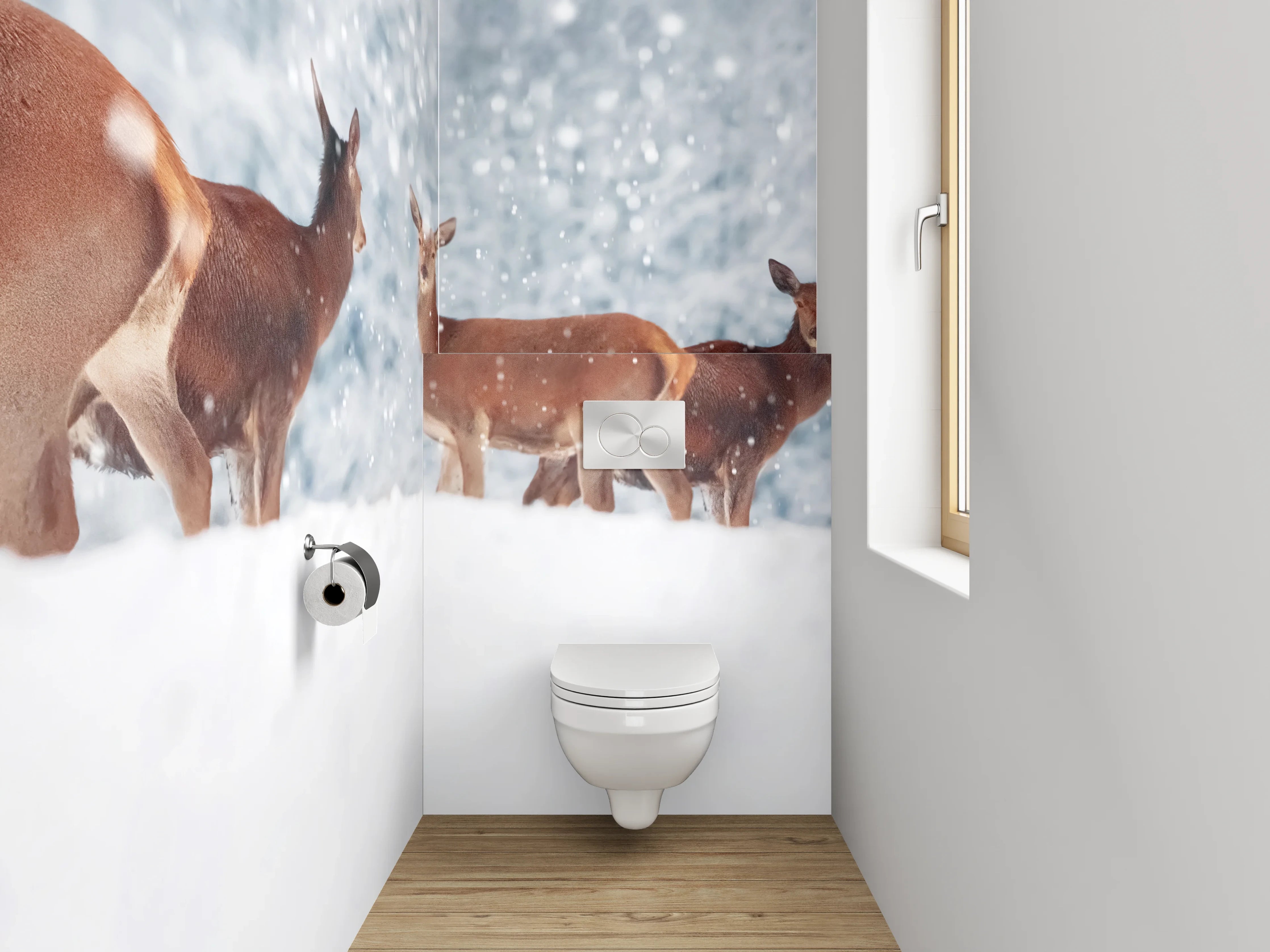 WC-Rückwand - Hirsche im verschneiten Winterwald Panorama