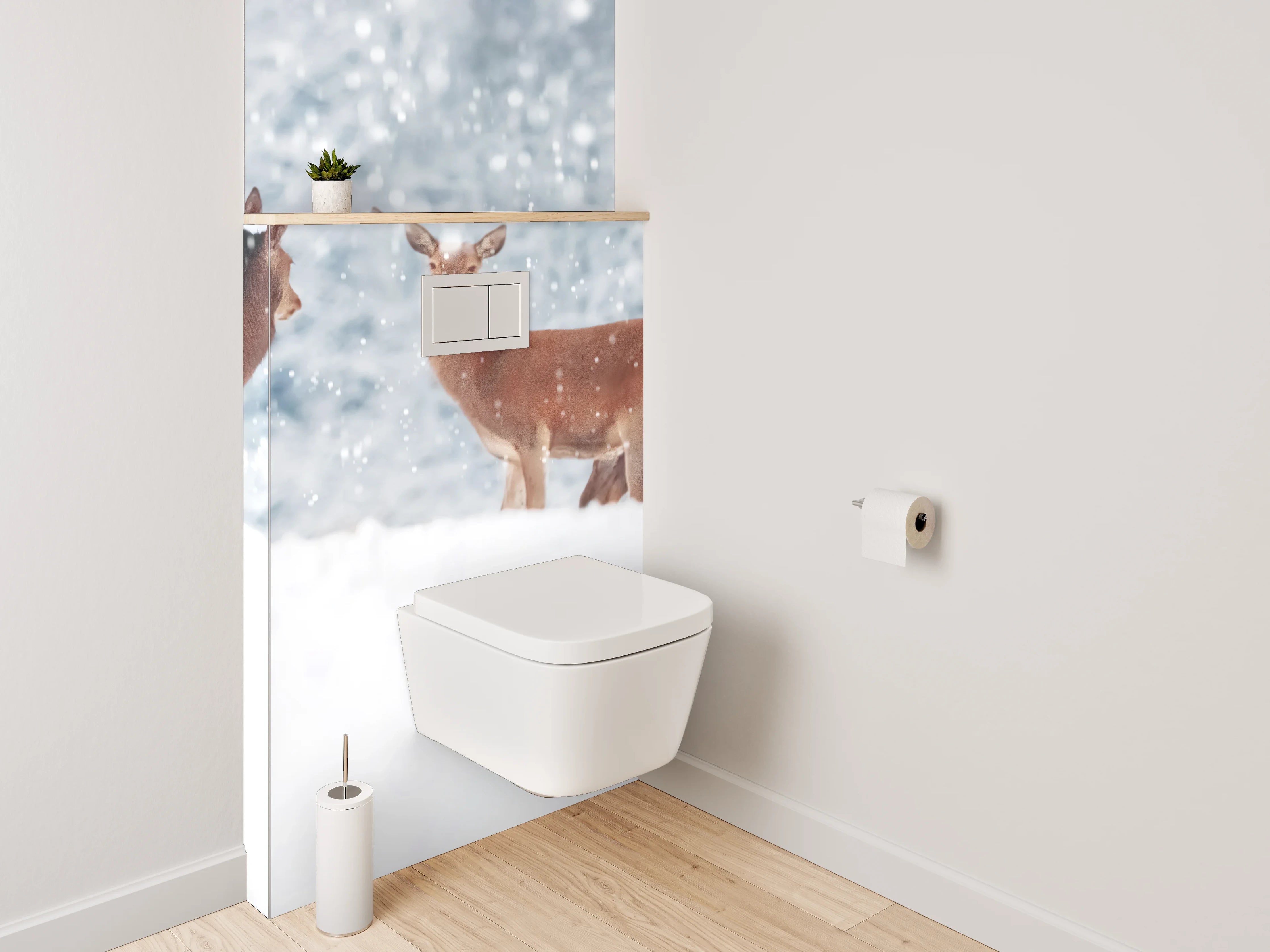 WC-Rückwand - Hirsche im verschneiten Winterwald Panorama