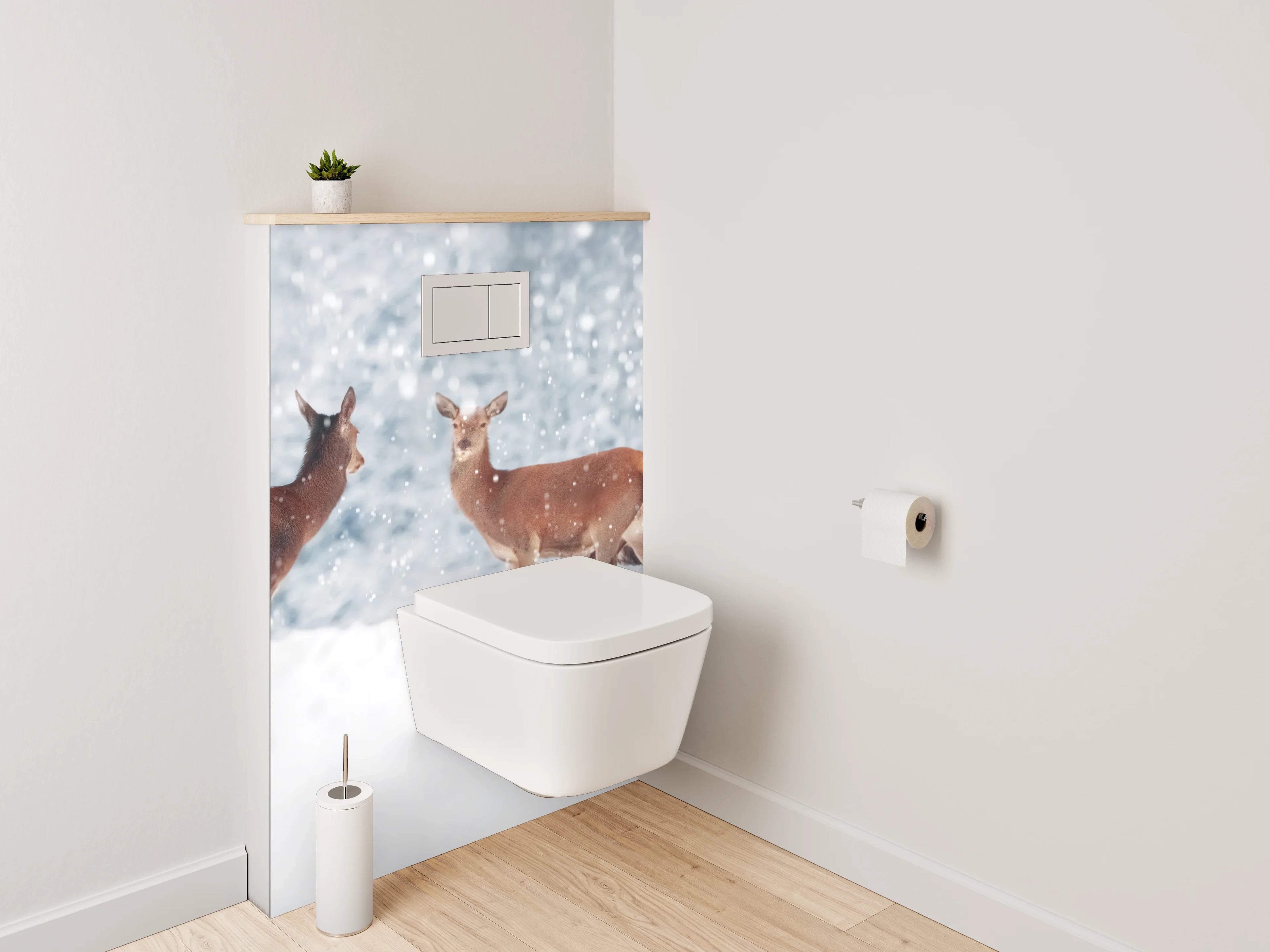 WC-Rückwand - Hirsche im verschneiten Winterwald Panorama