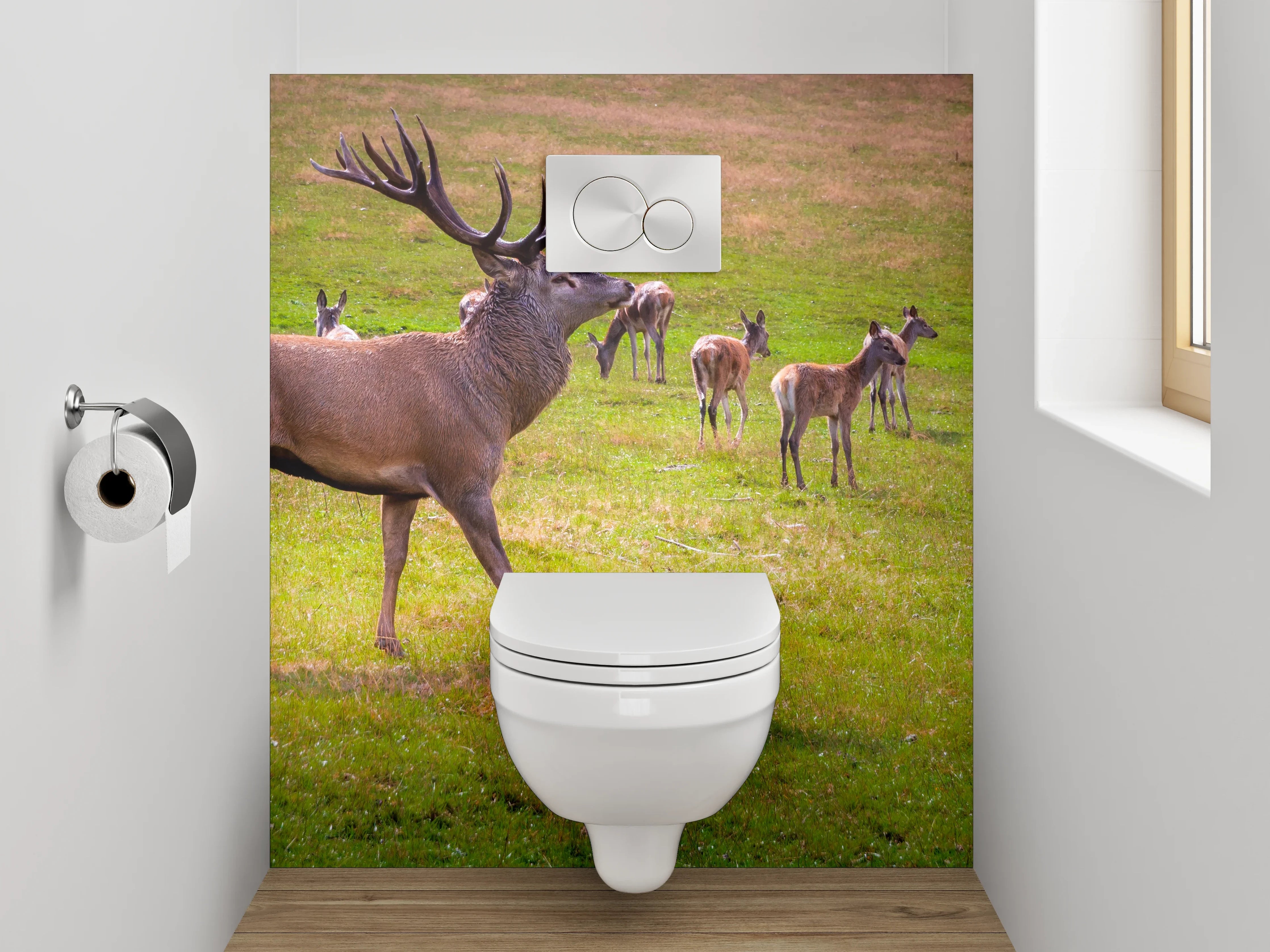 WC-Rückwand - Hirschherde auf grüner Wiese