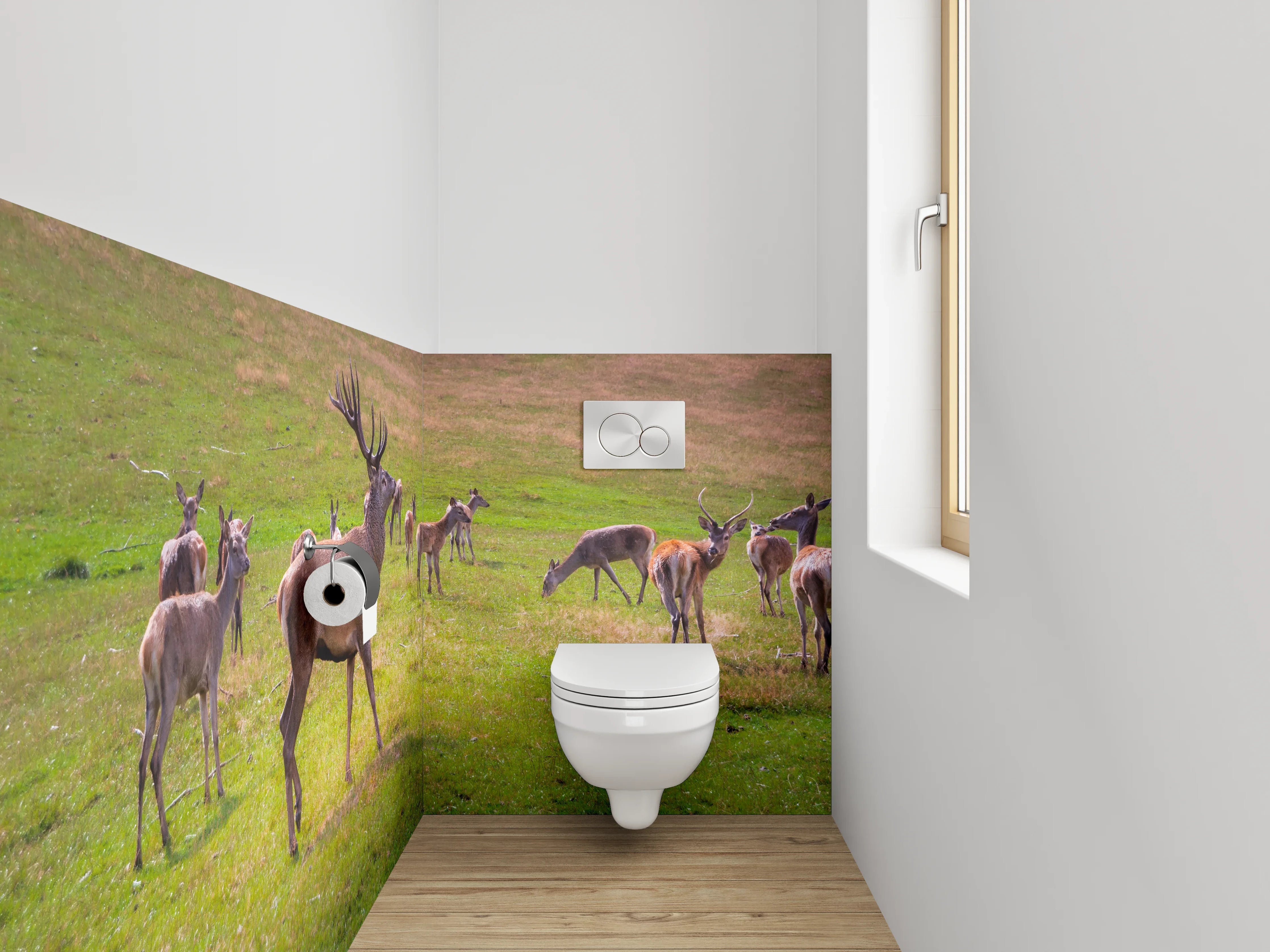 WC-Rückwand - Hirschherde auf grüner Wiese