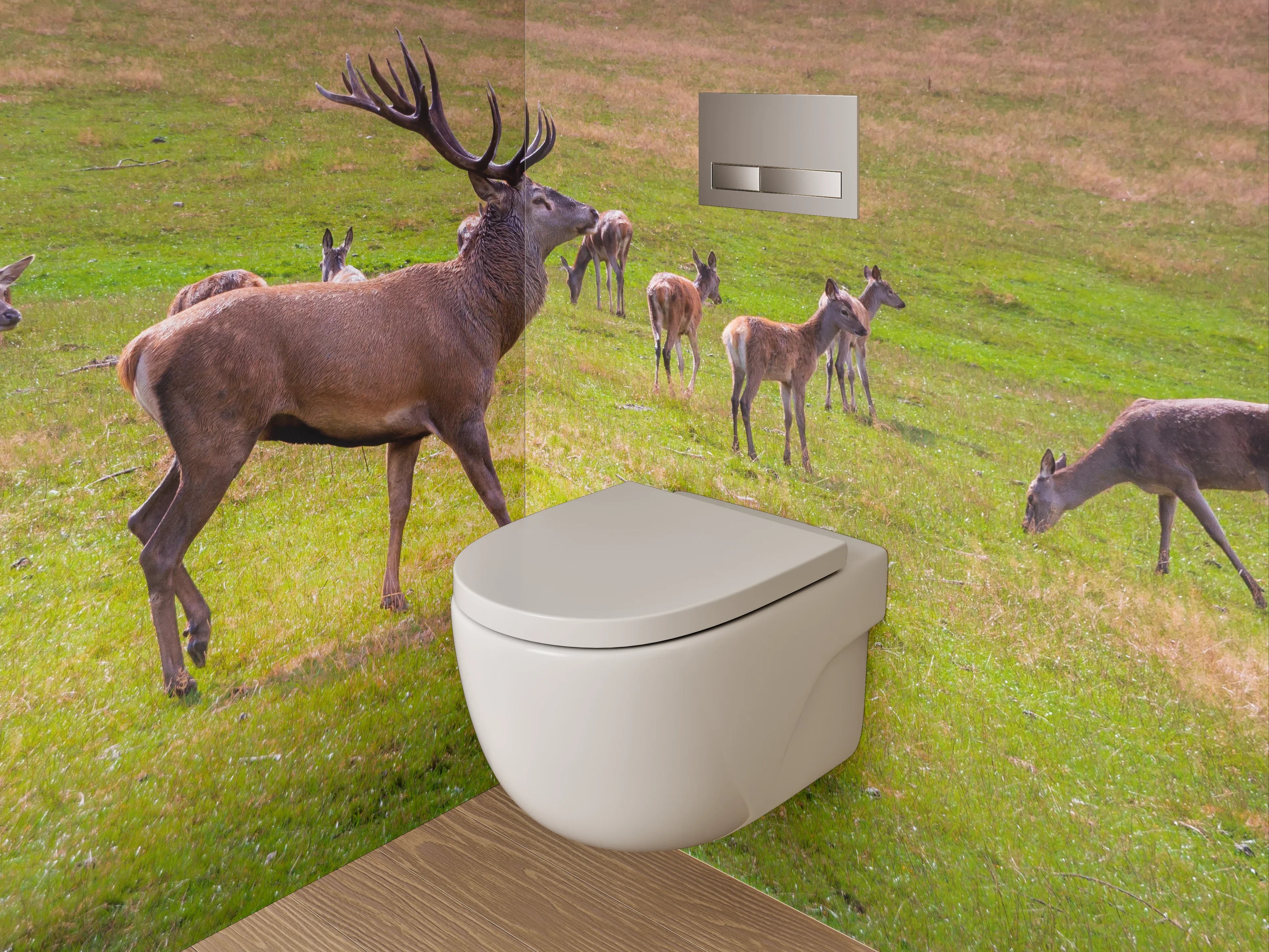WC-Rückwand - Hirschherde auf grüner Wiese
