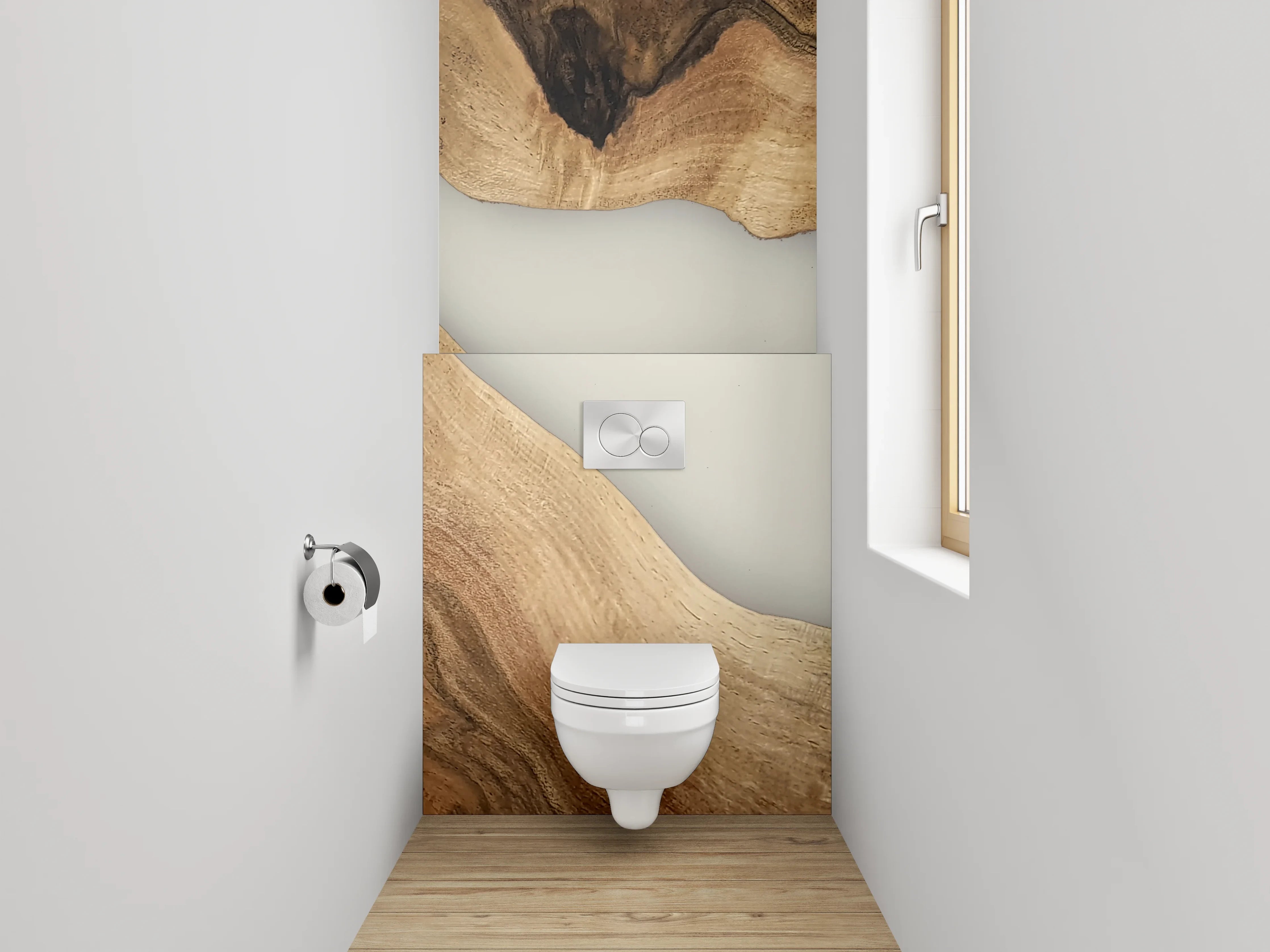 WC-Rückwand - Holz trifft abstrakte Epoxid-Flussoptik