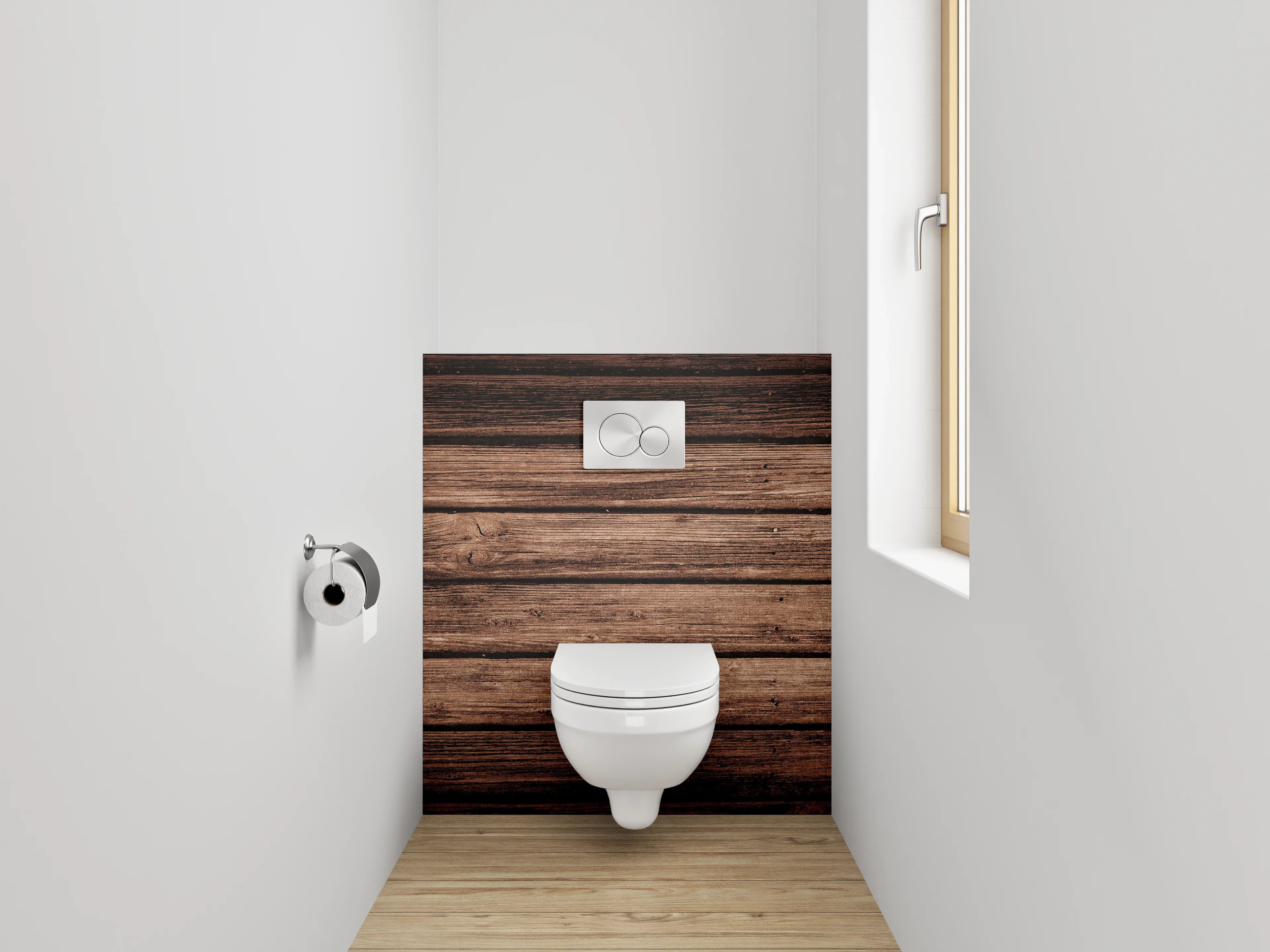 WC-Rückwand - Holzoptik Boden mit dunklen Streifen
