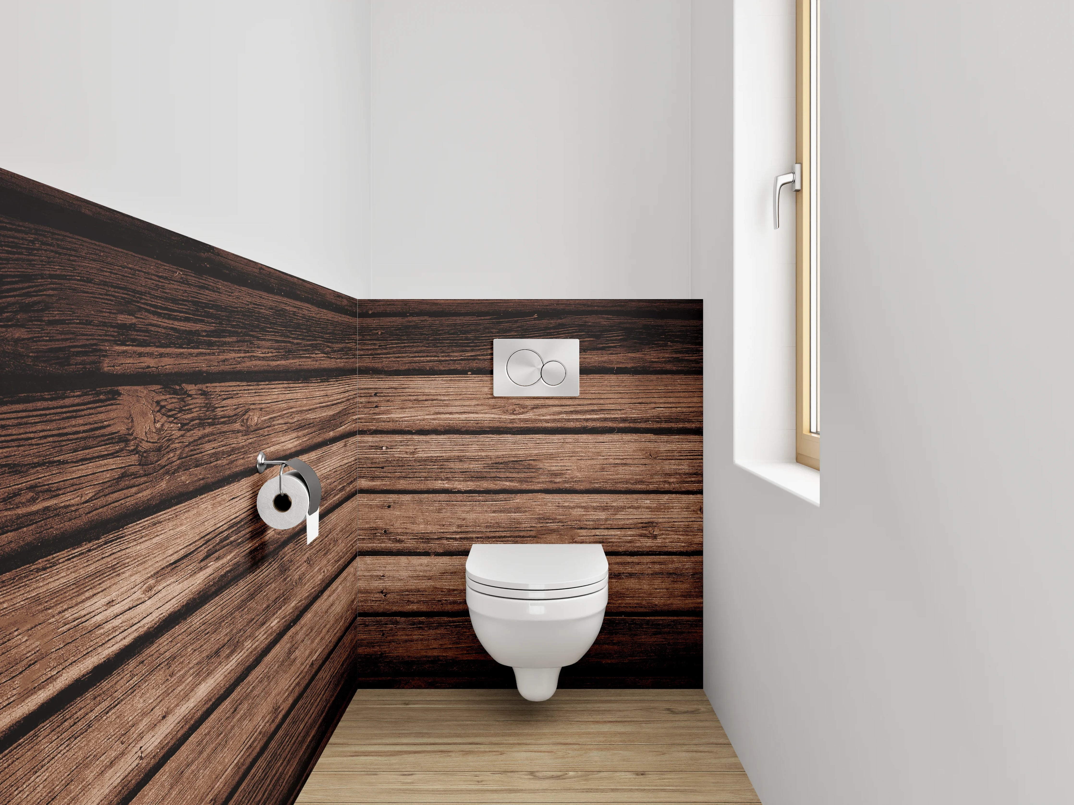 WC-Rückwand - Holzoptik Boden mit dunklen Streifen