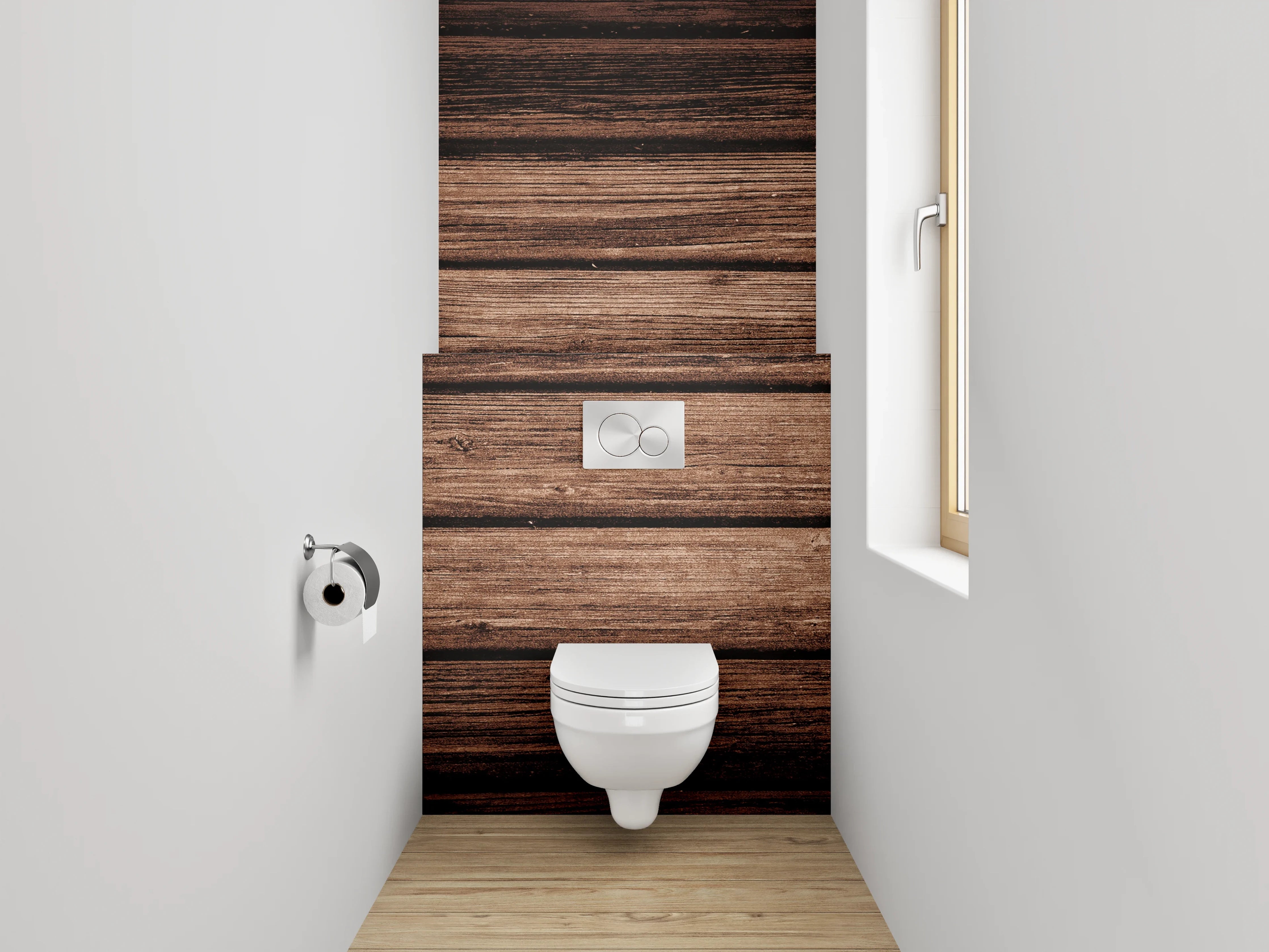 WC-Rückwand - Holzoptik Boden mit dunklen Streifen