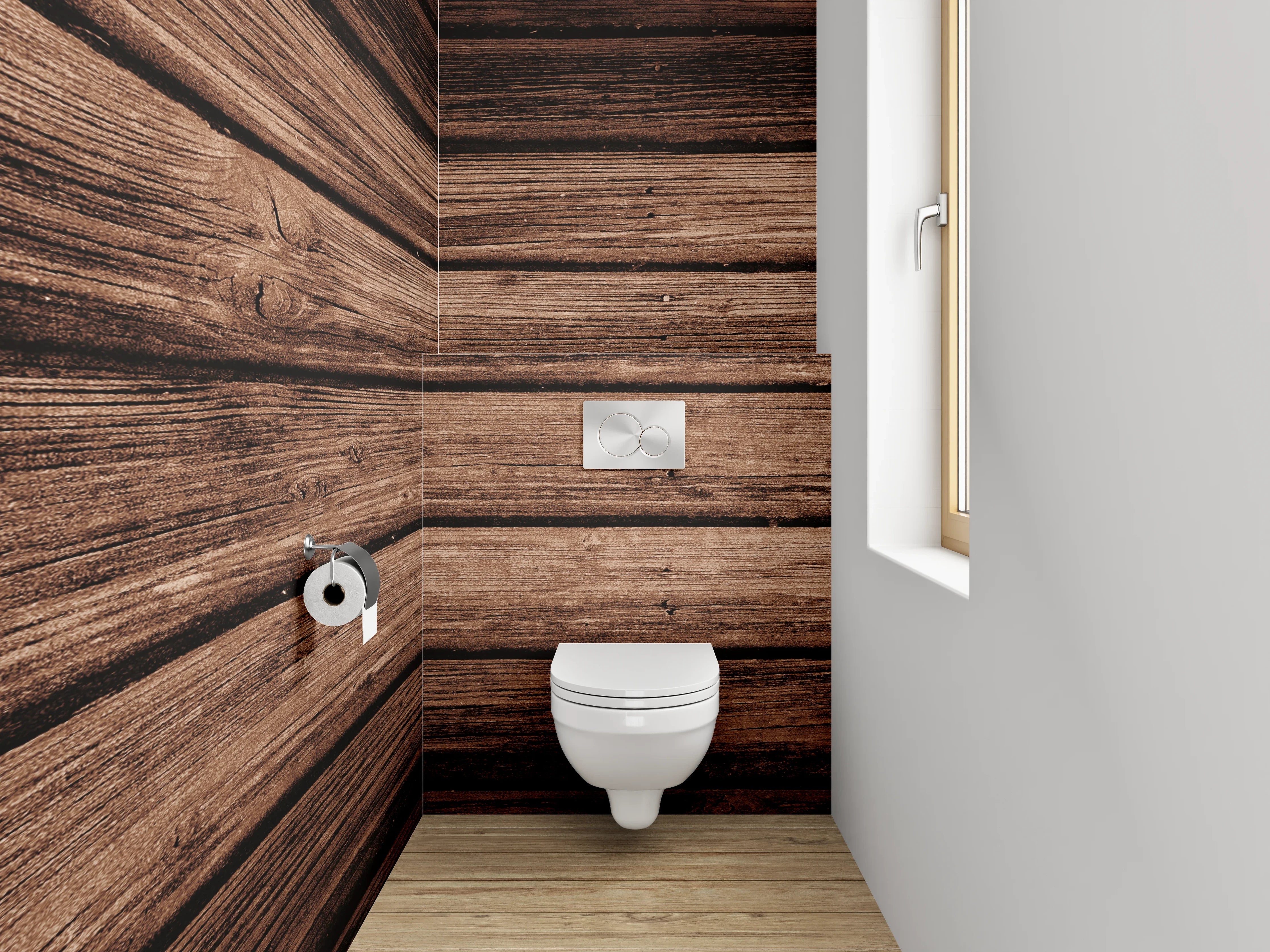 WC-Rückwand - Holzoptik Boden mit dunklen Streifen
