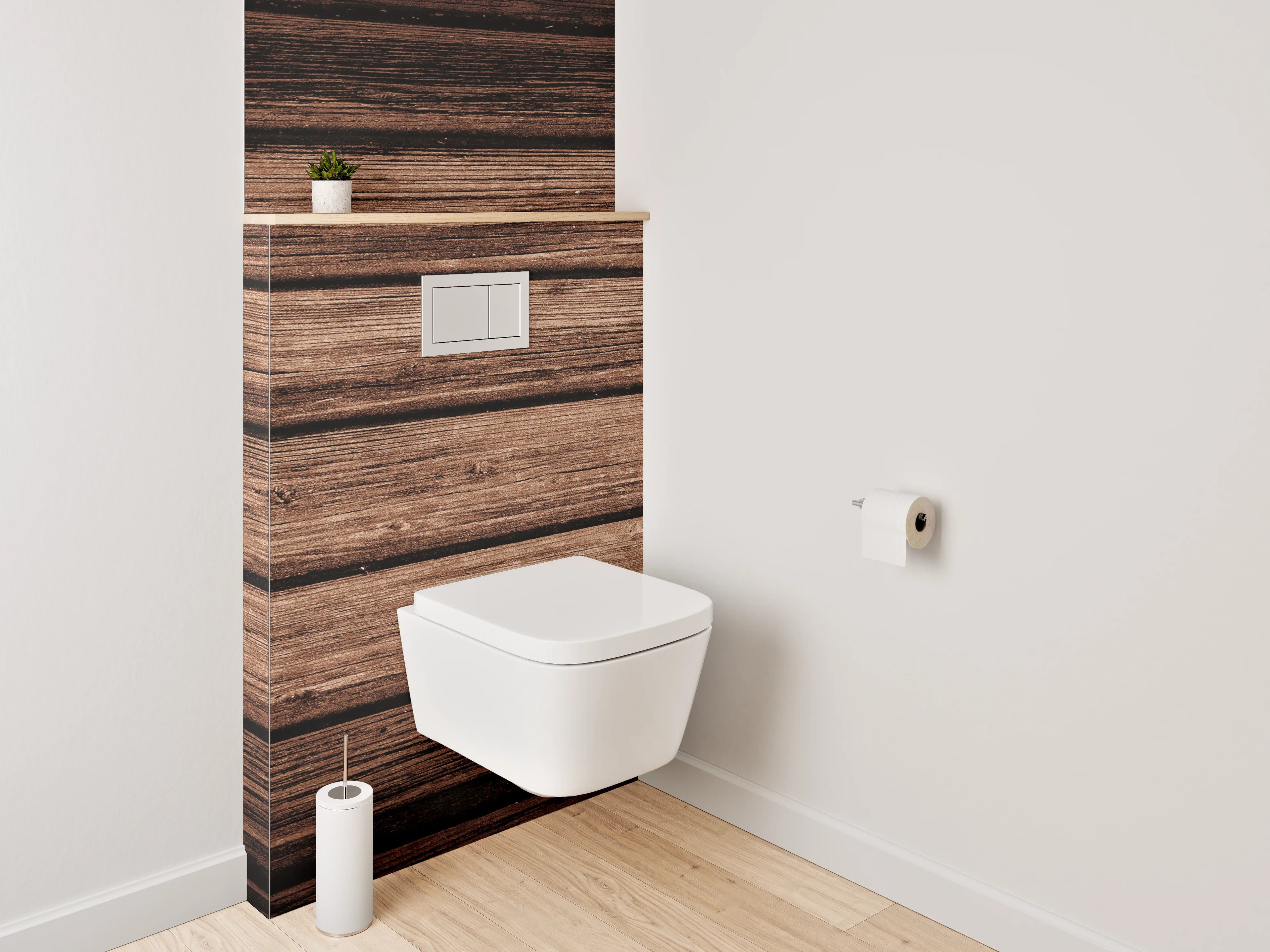 WC-Rückwand - Holzoptik Boden mit dunklen Streifen