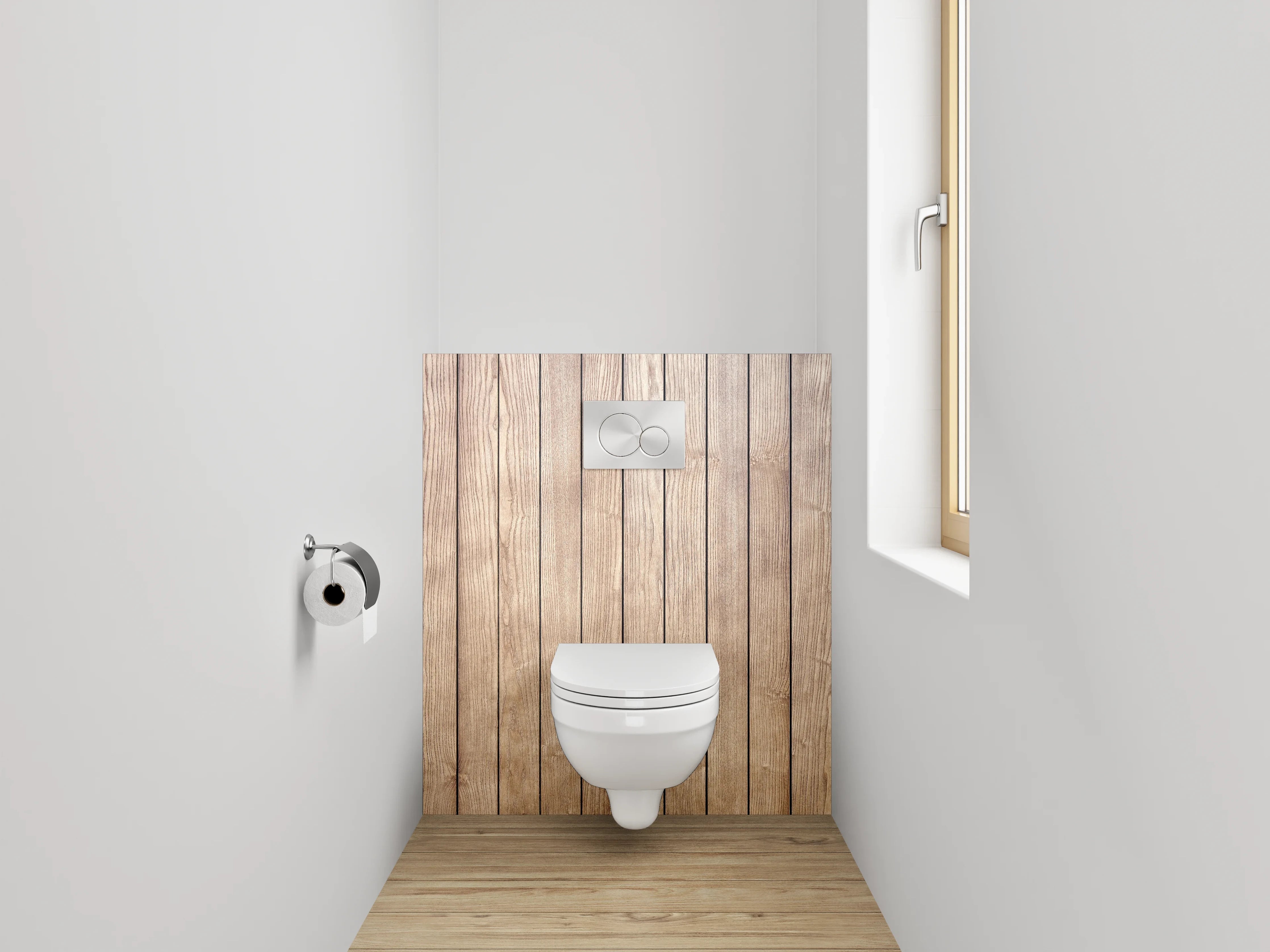 WC-Rückwand - Holzoptik auf Bodenfliesen