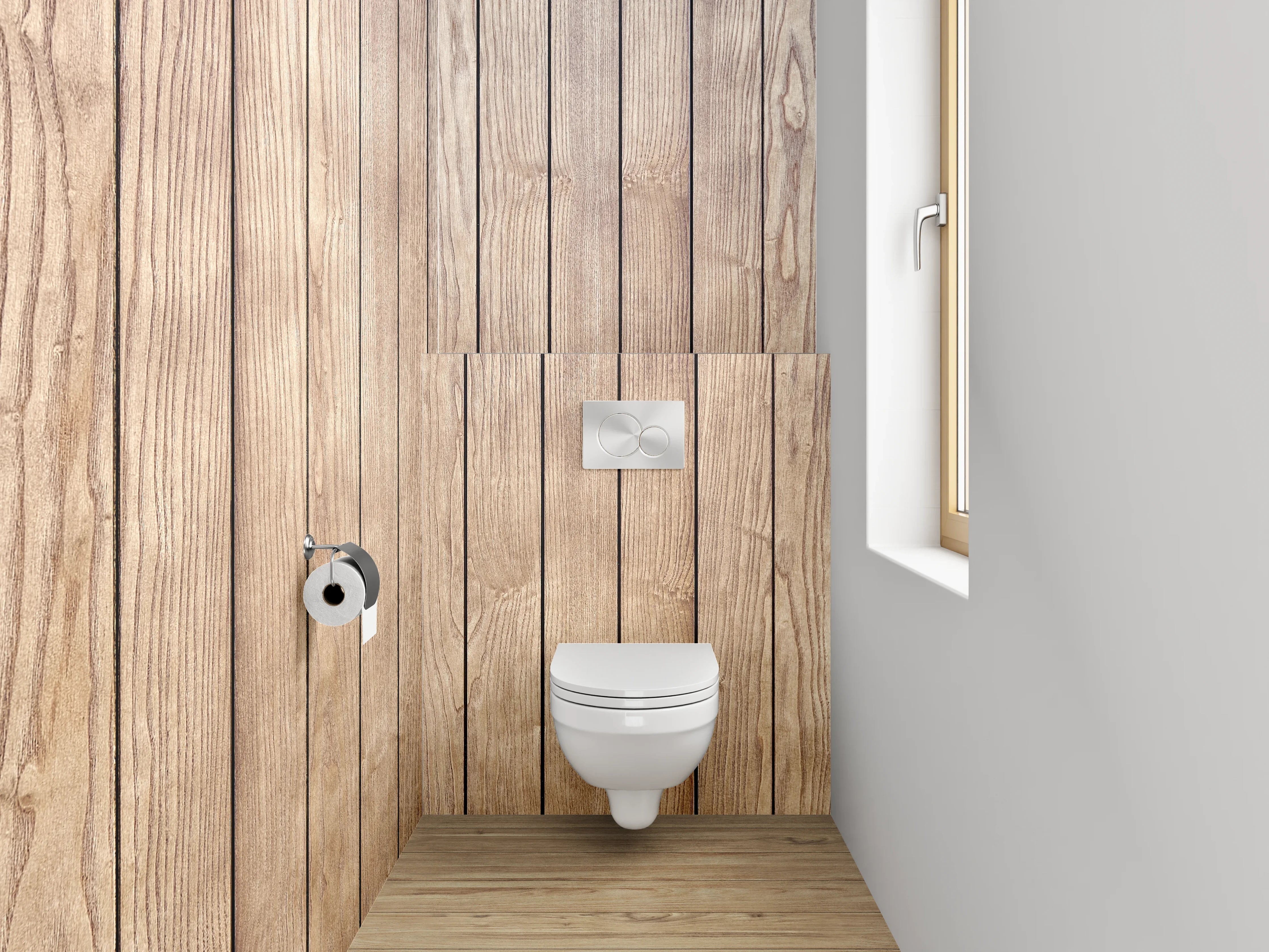 WC-Rückwand - Holzoptik auf Bodenfliesen