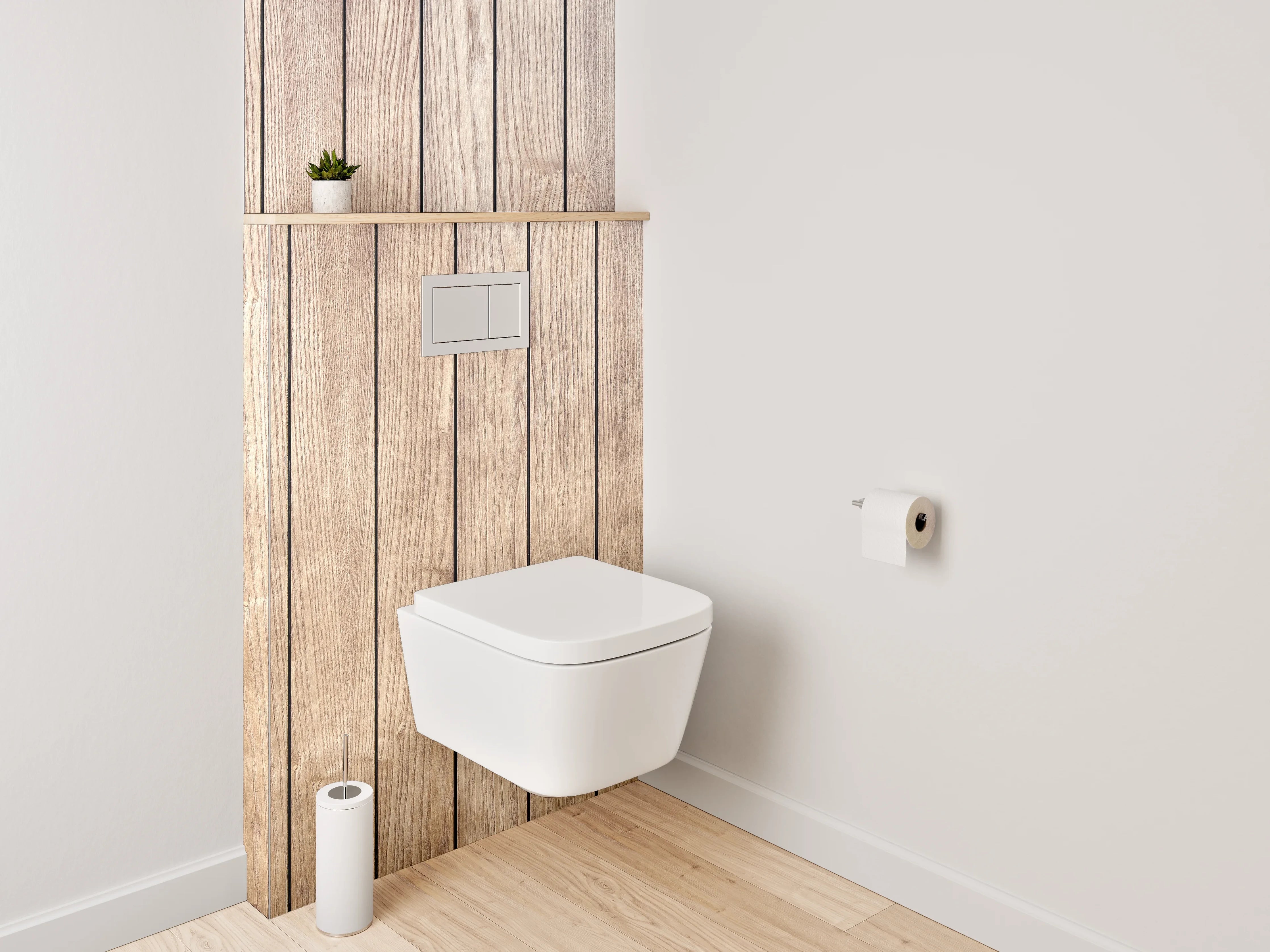 WC-Rückwand - Holzoptik auf Bodenfliesen