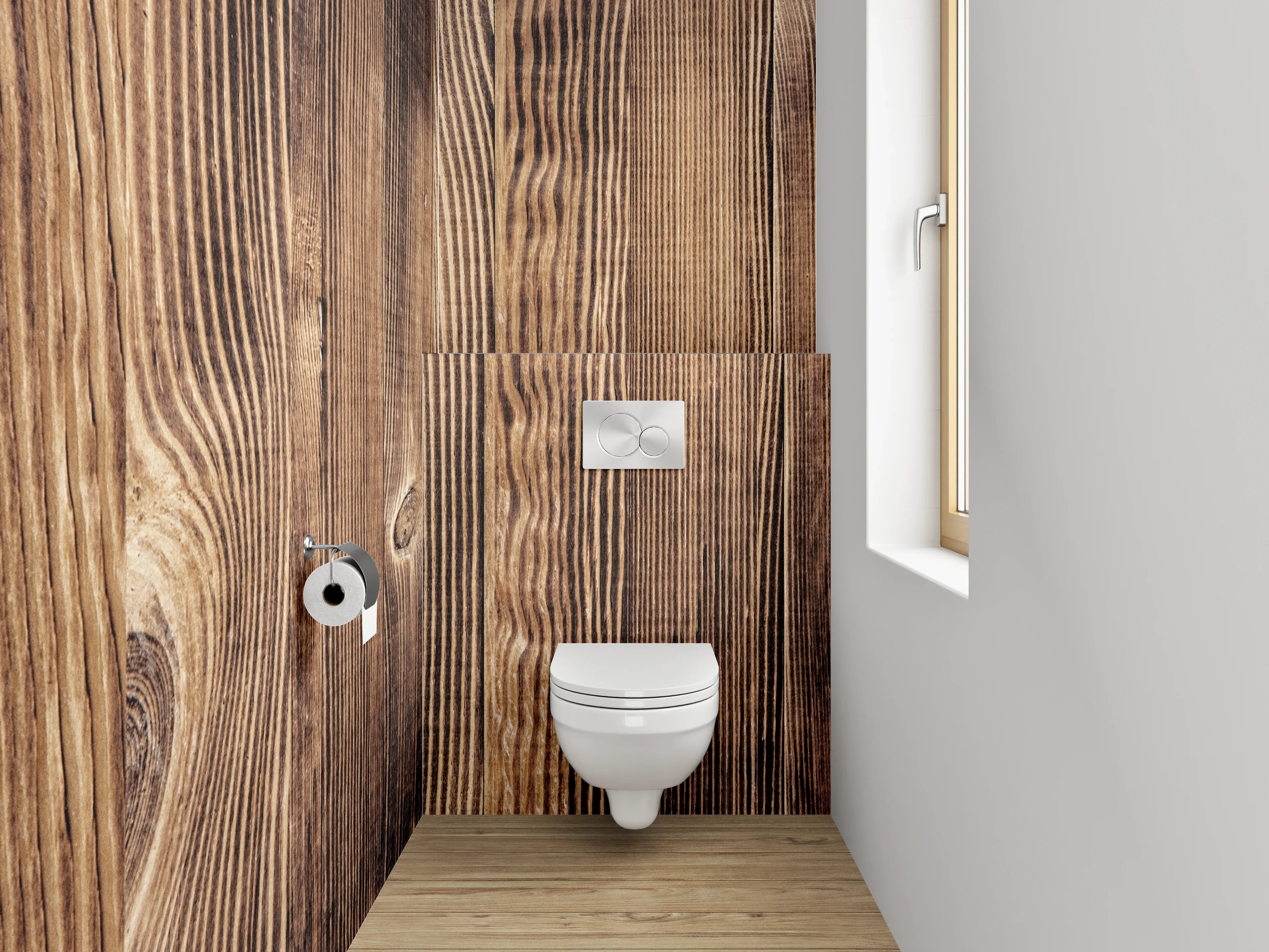 WC-Rückwand - Holzoptik in warmen Brauntönen