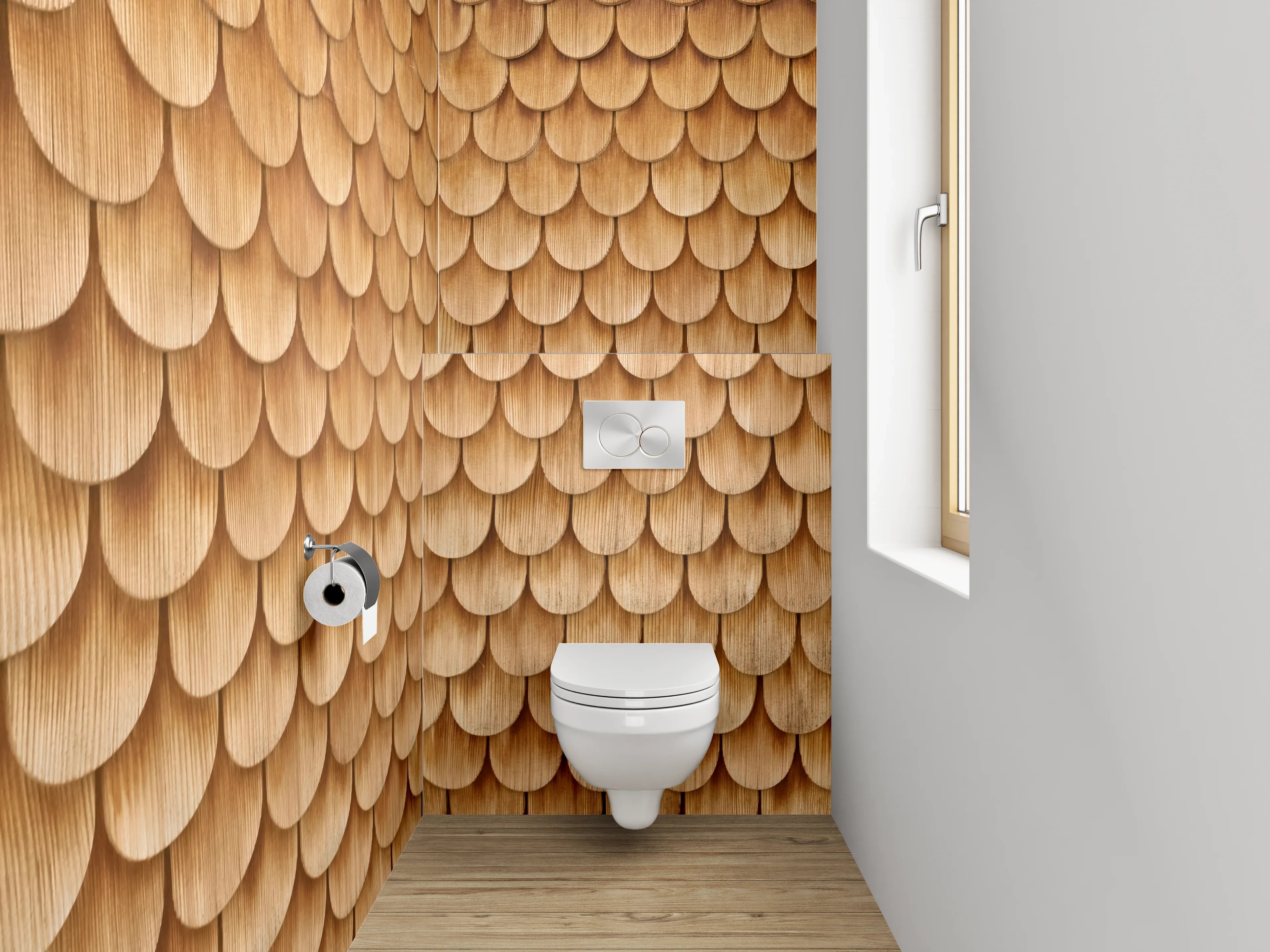 WC-Rückwand - Holzschindel-Muster in warmem Braun