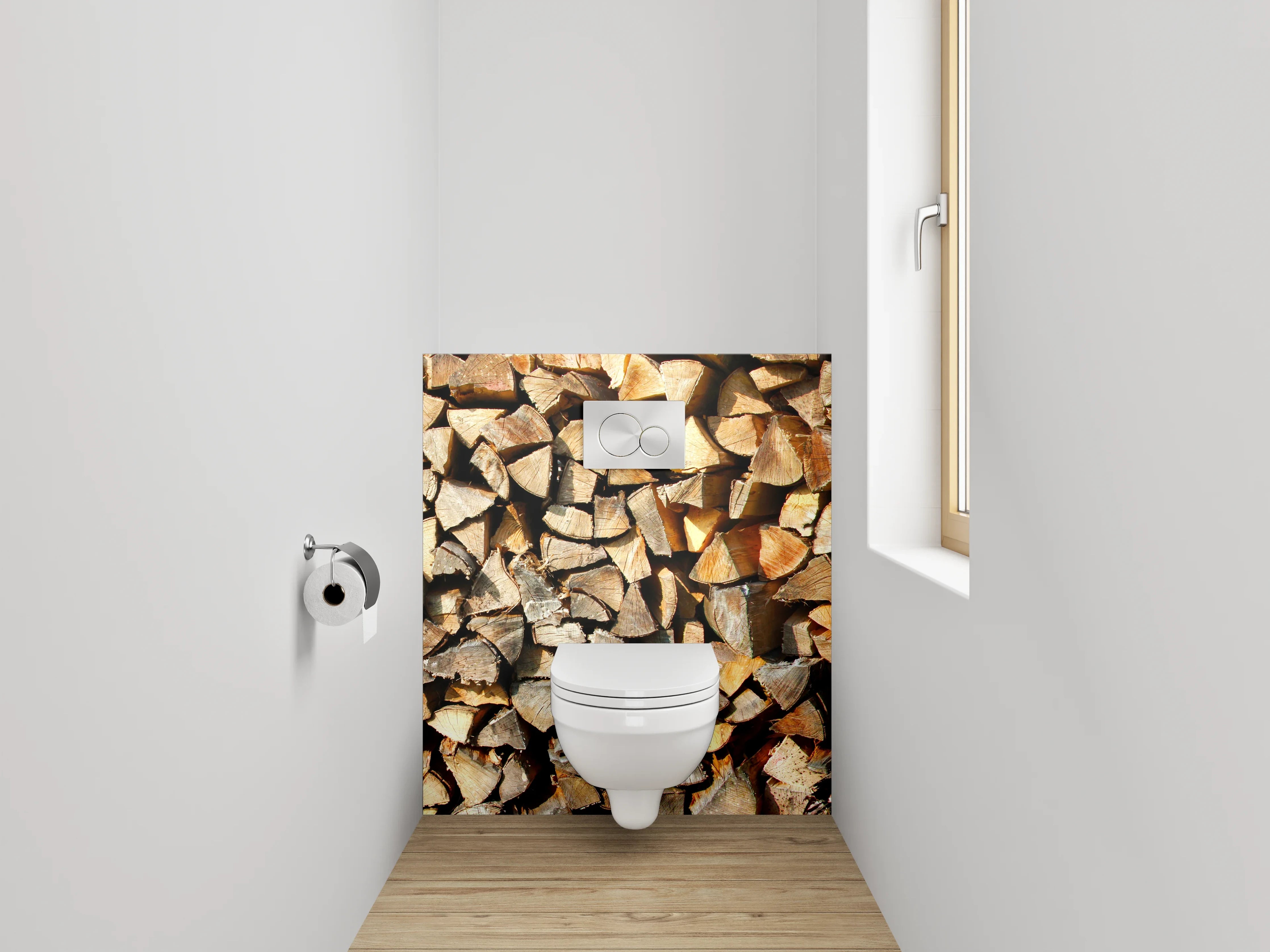 WC-Rückwand - Holzstapel in warmen Brauntönen