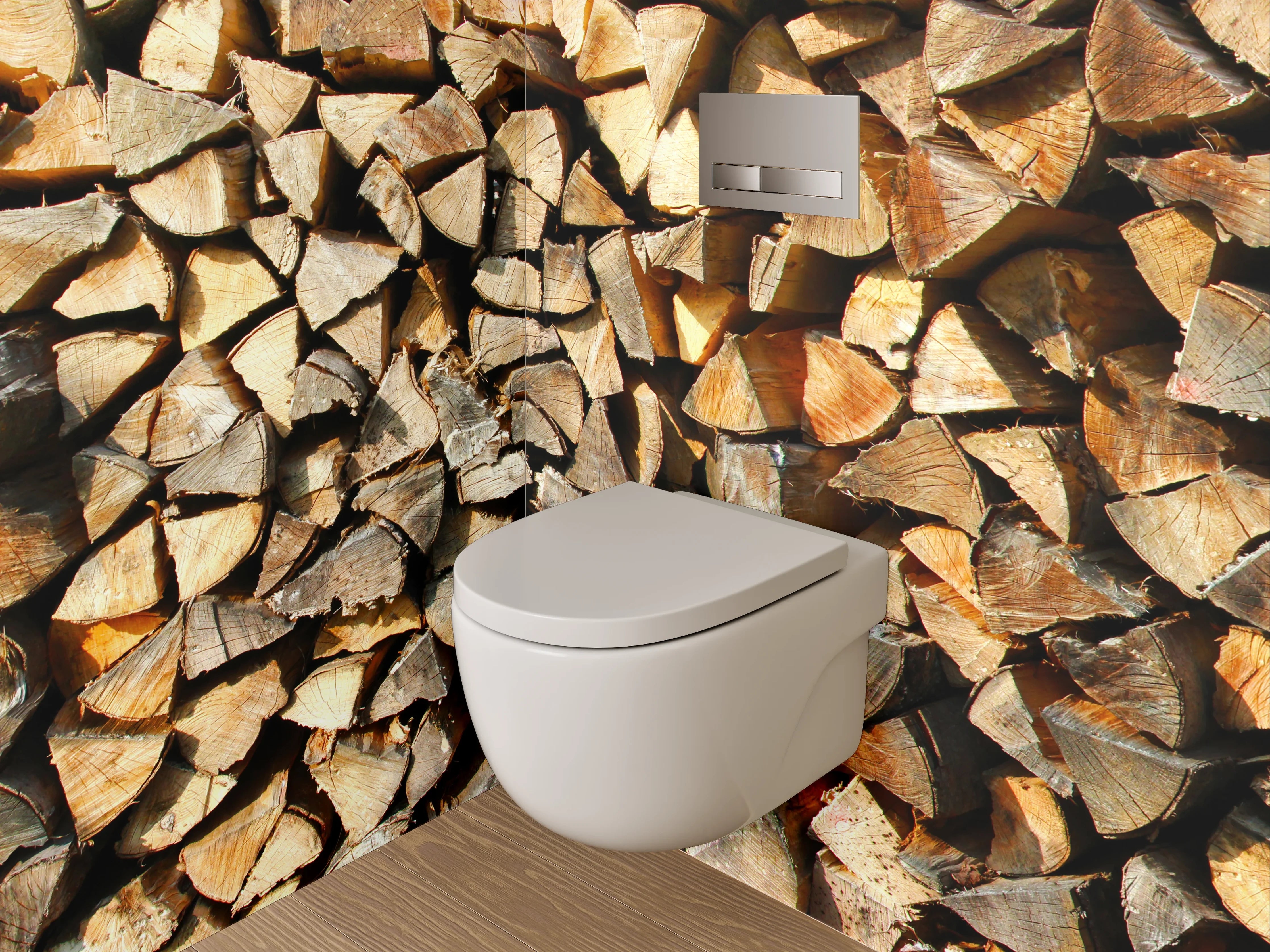 WC-Rückwand - Holzstapel in warmen Brauntönen