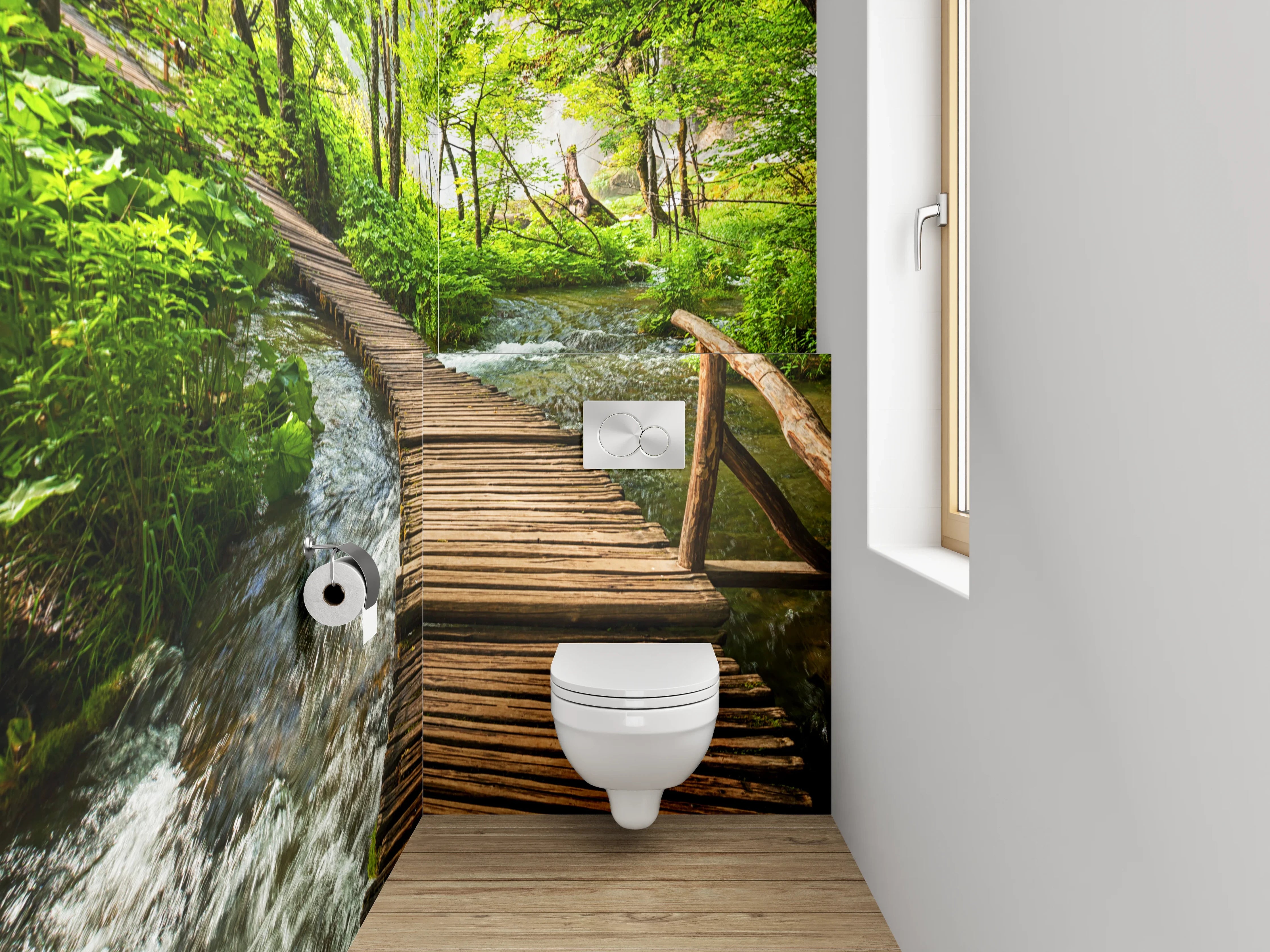 WC-Rückwand - Holzsteg im grünen Wald am Bach