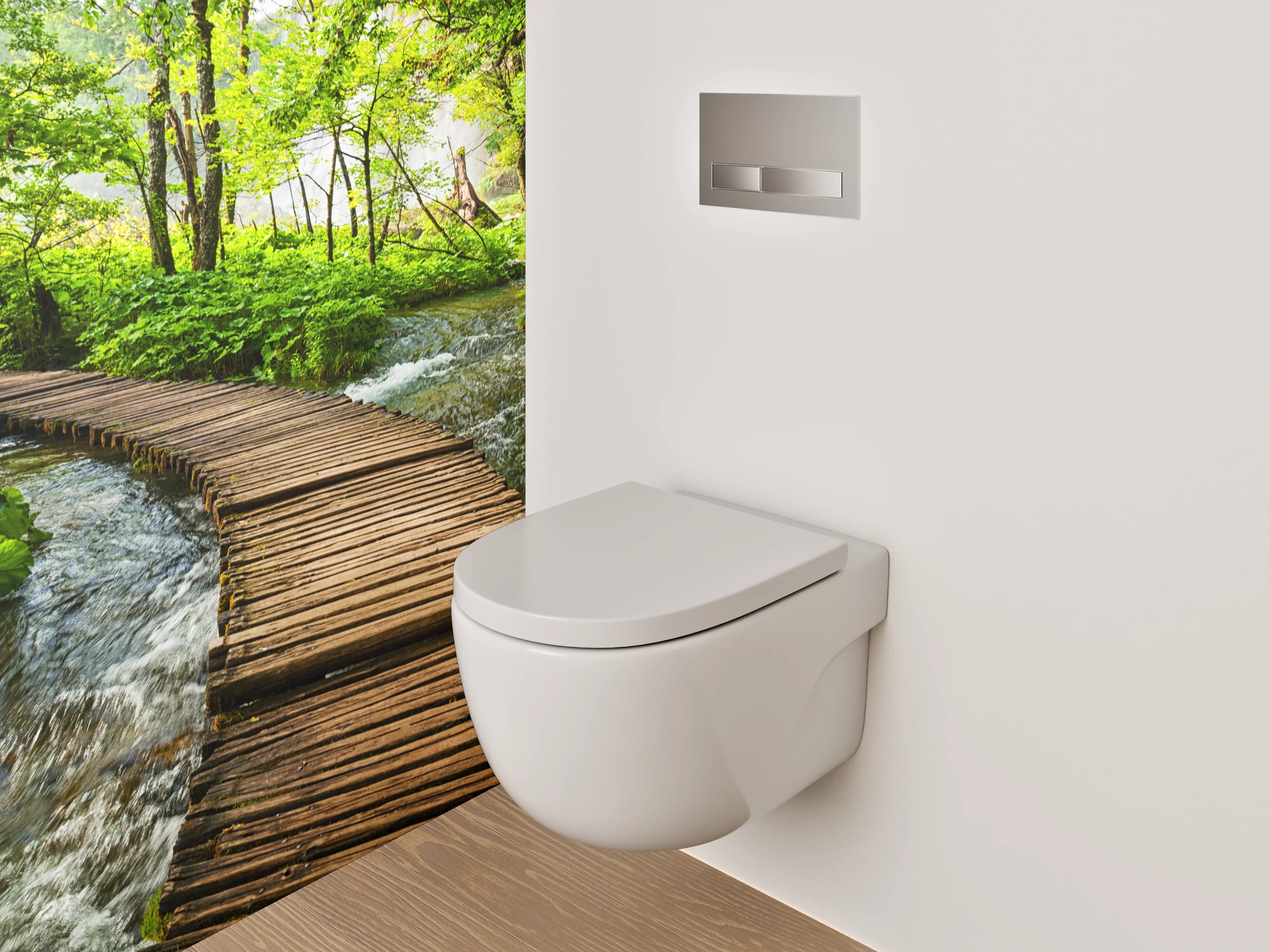 WC-Rückwand - Holzsteg im grünen Wald am Bach