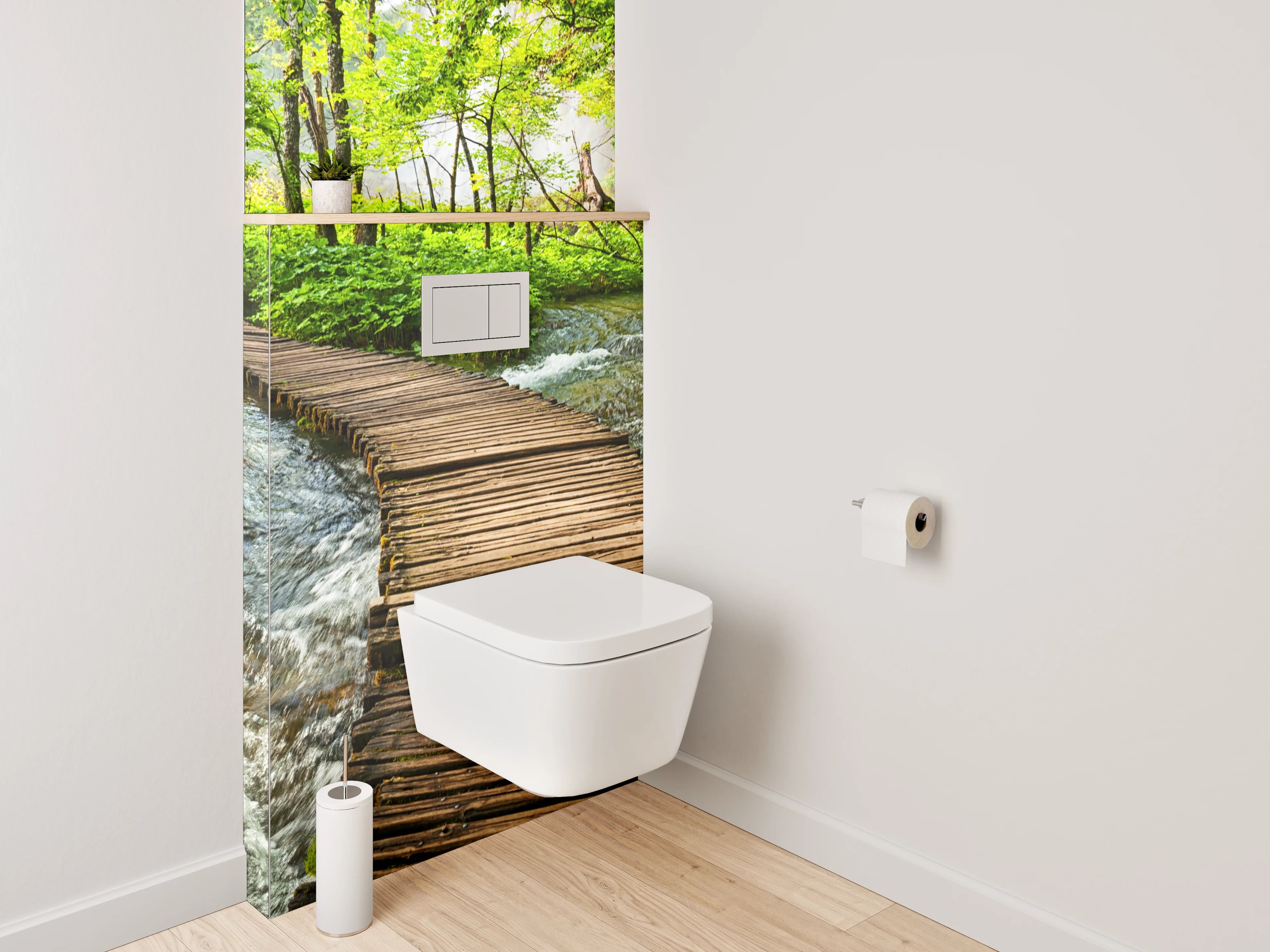 WC-Rückwand - Holzsteg im grünen Wald am Bach