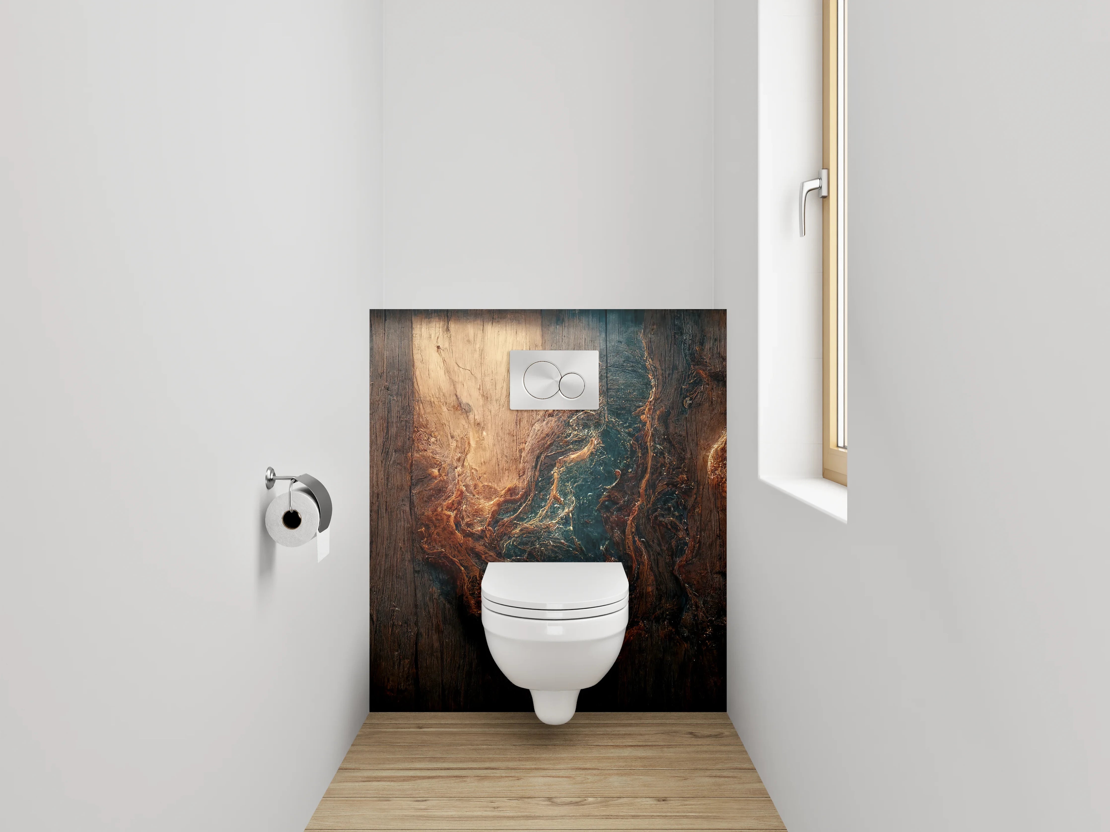 WC-Rückwand - Holzstruktur mit abstraktem Farbspiel