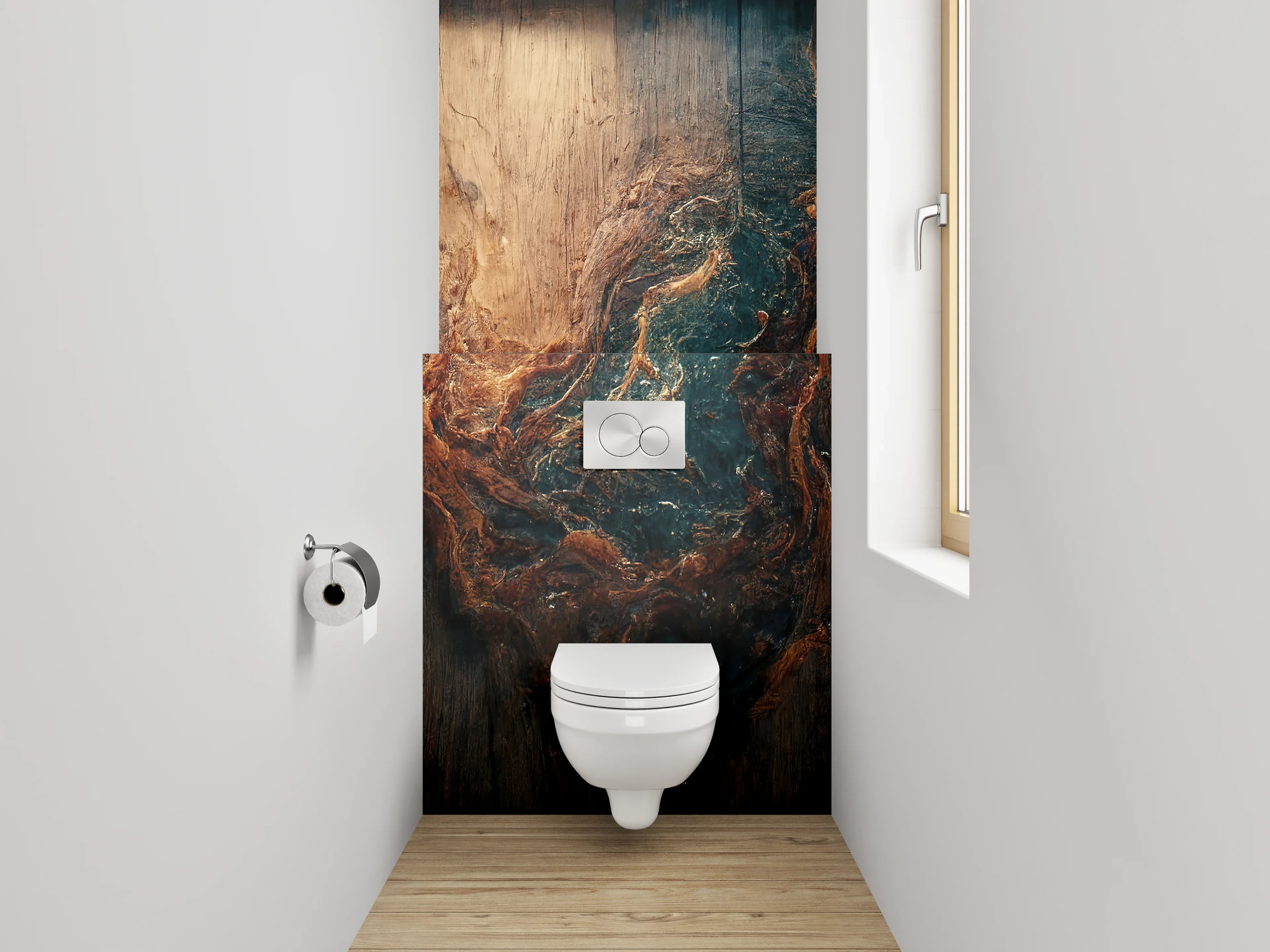 WC-Rückwand - Holzstruktur mit abstraktem Farbspiel