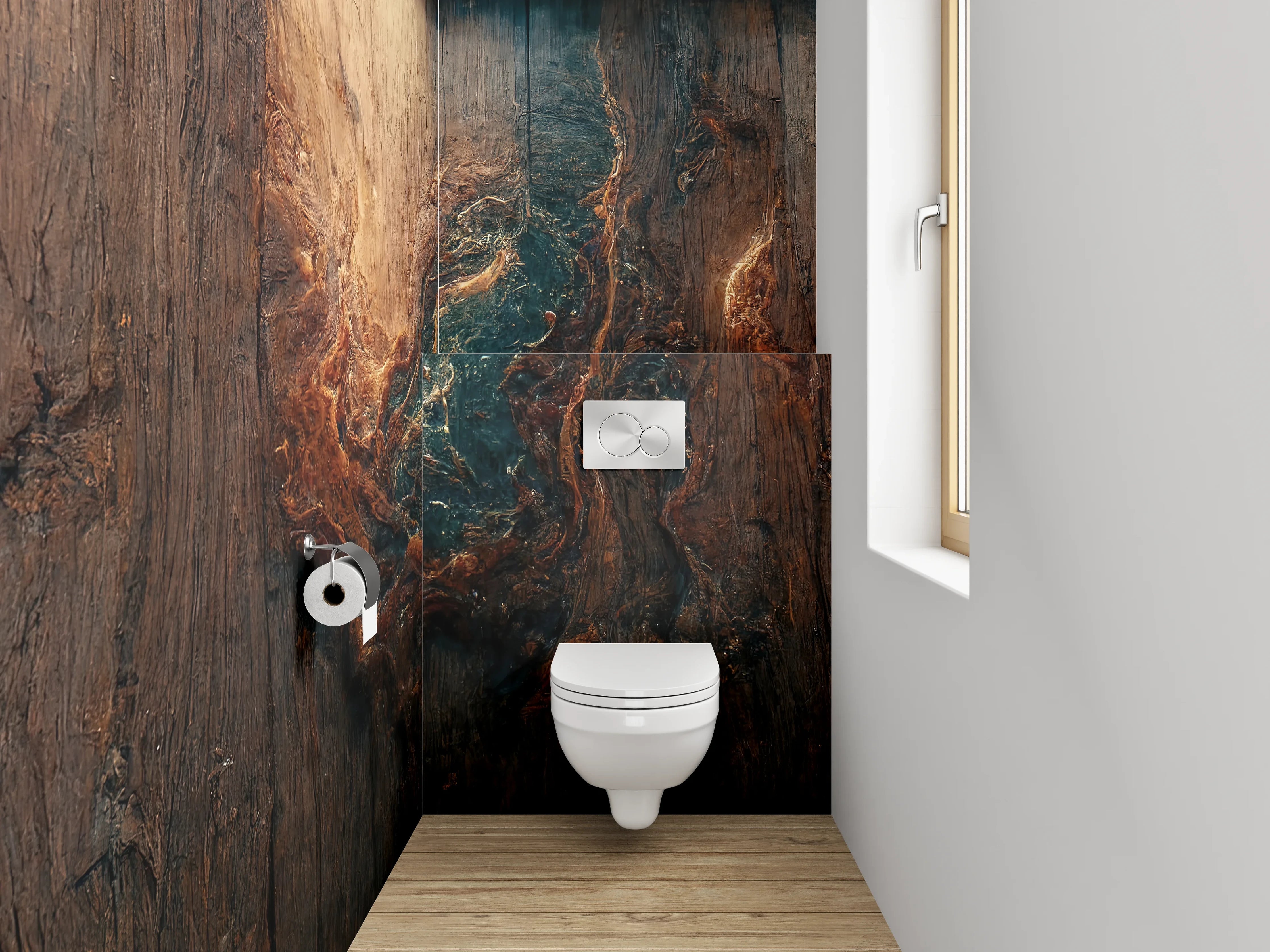 WC-Rückwand - Holzstruktur mit abstraktem Farbspiel
