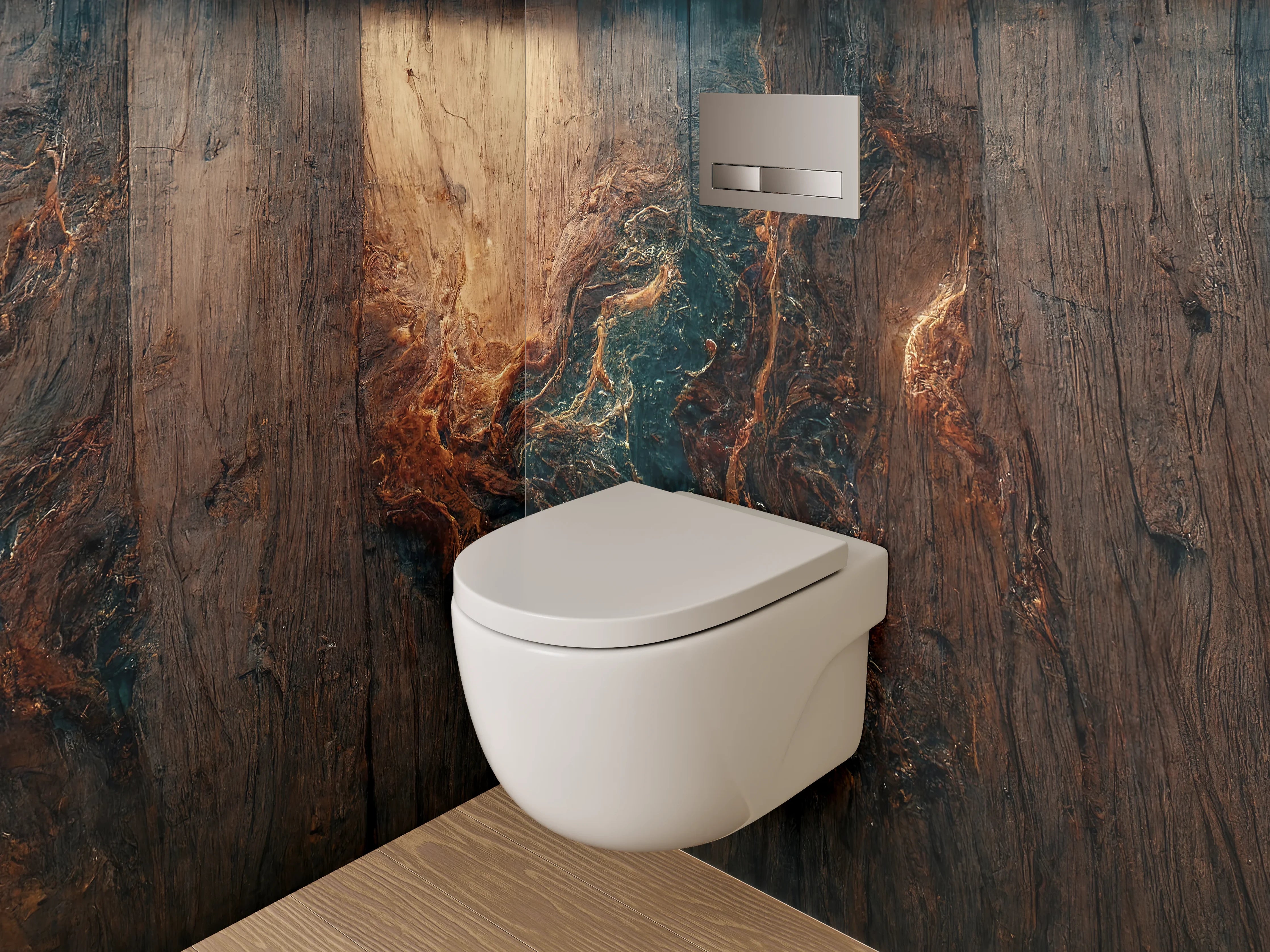 WC-Rückwand - Holzstruktur mit abstraktem Farbspiel
