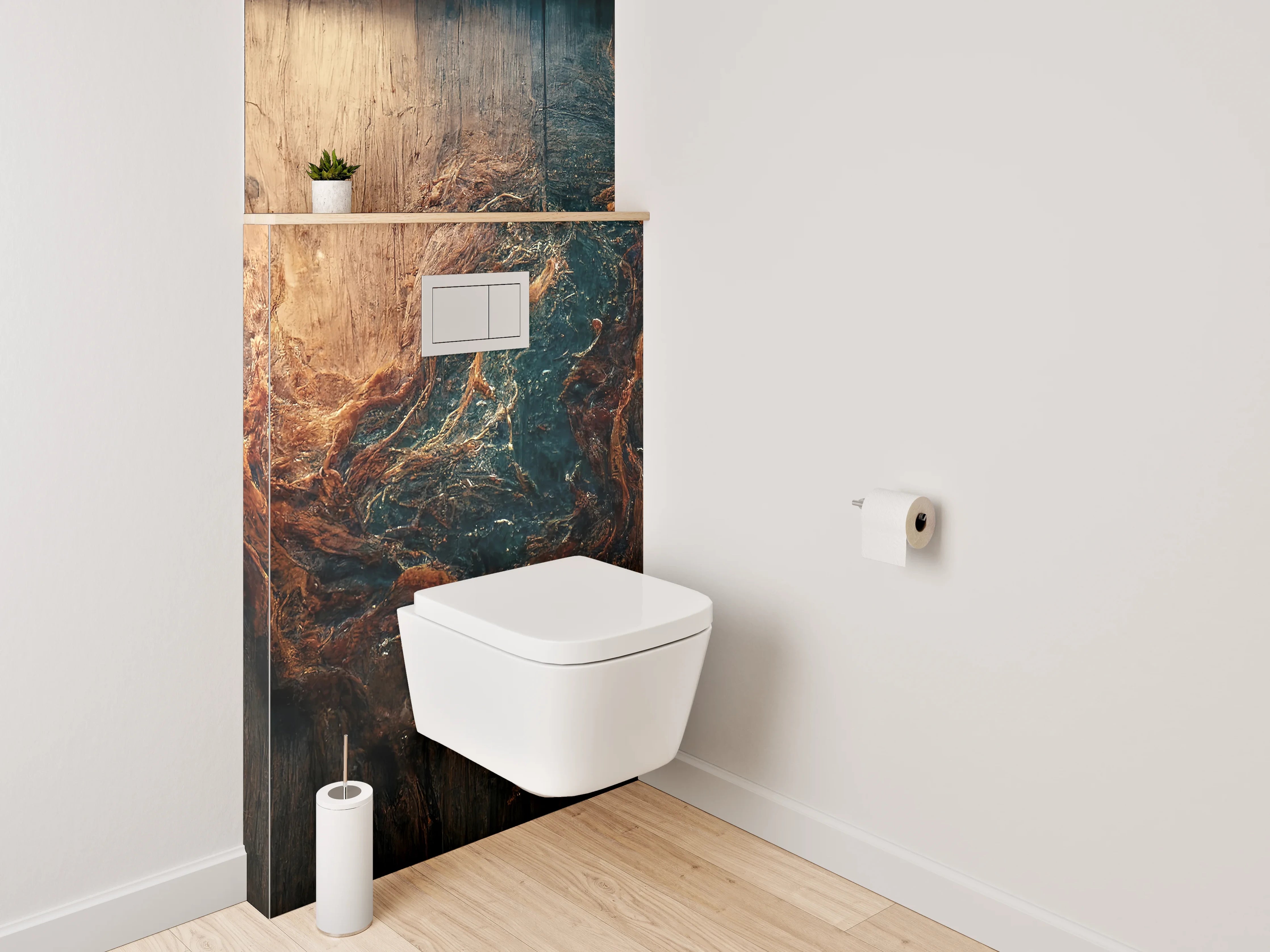 WC-Rückwand - Holzstruktur mit abstraktem Farbspiel