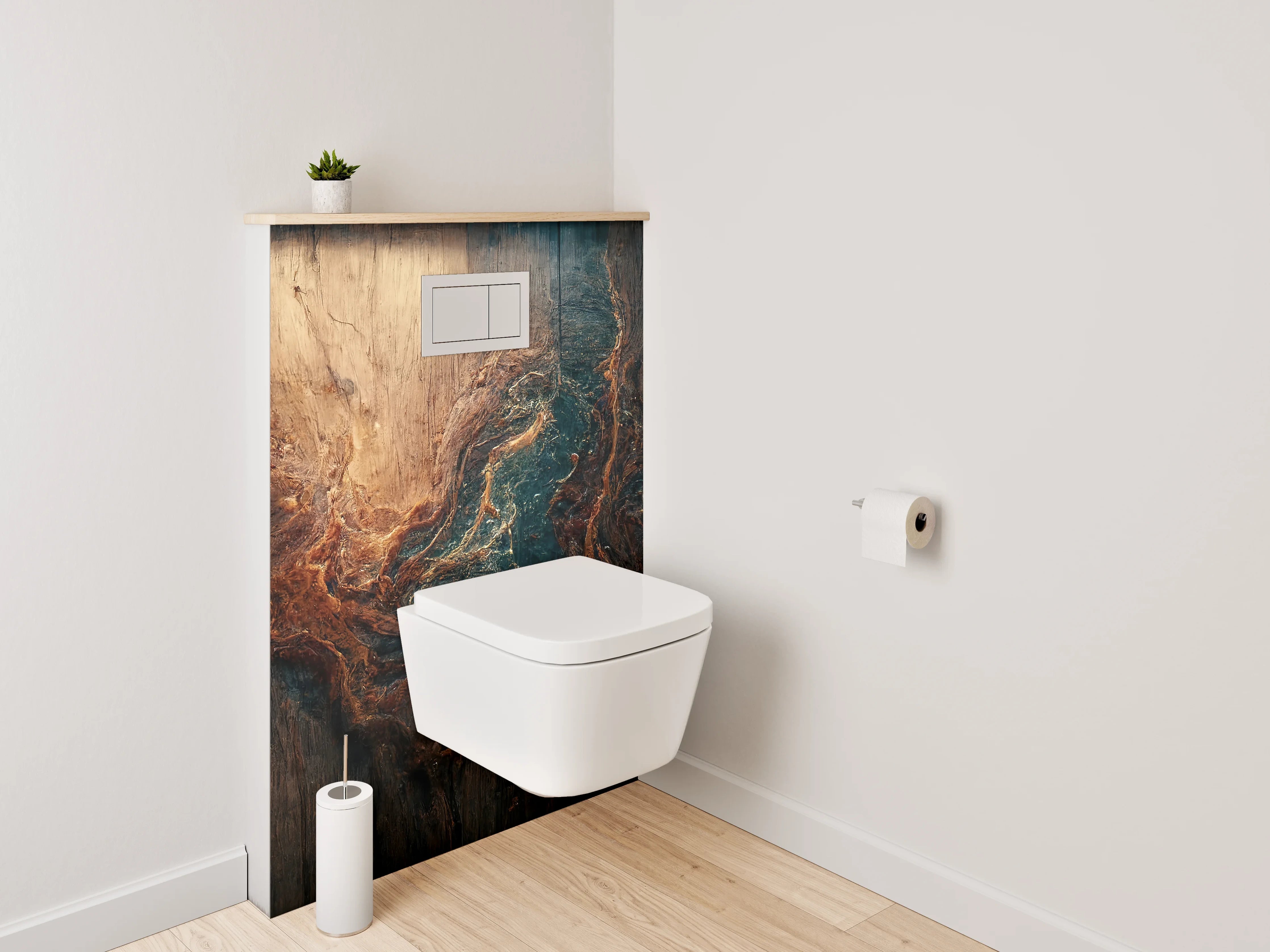 WC-Rückwand - Holzstruktur mit abstraktem Farbspiel