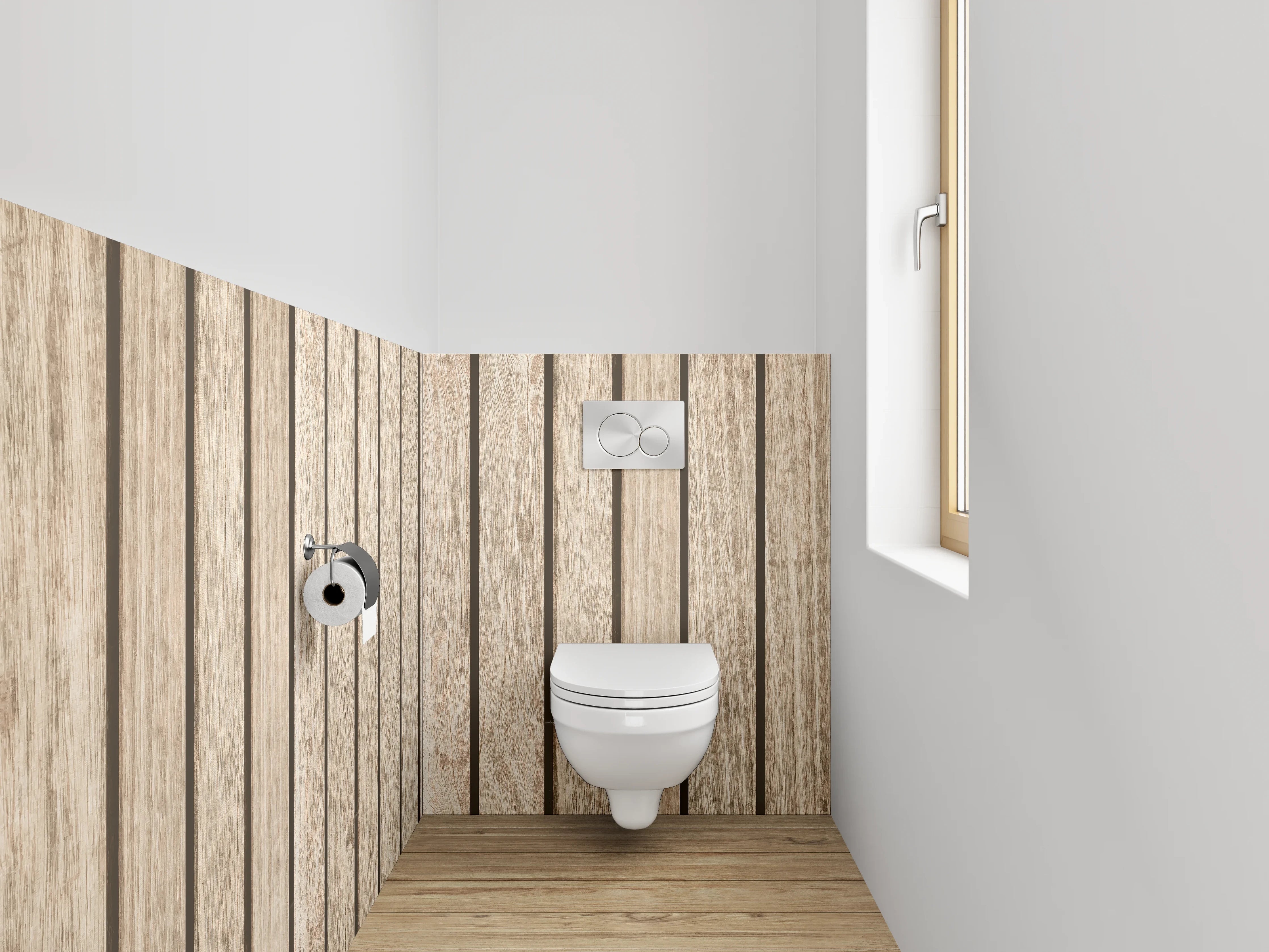 WC-Rückwand - Holzvertäfelung in Naturtönen