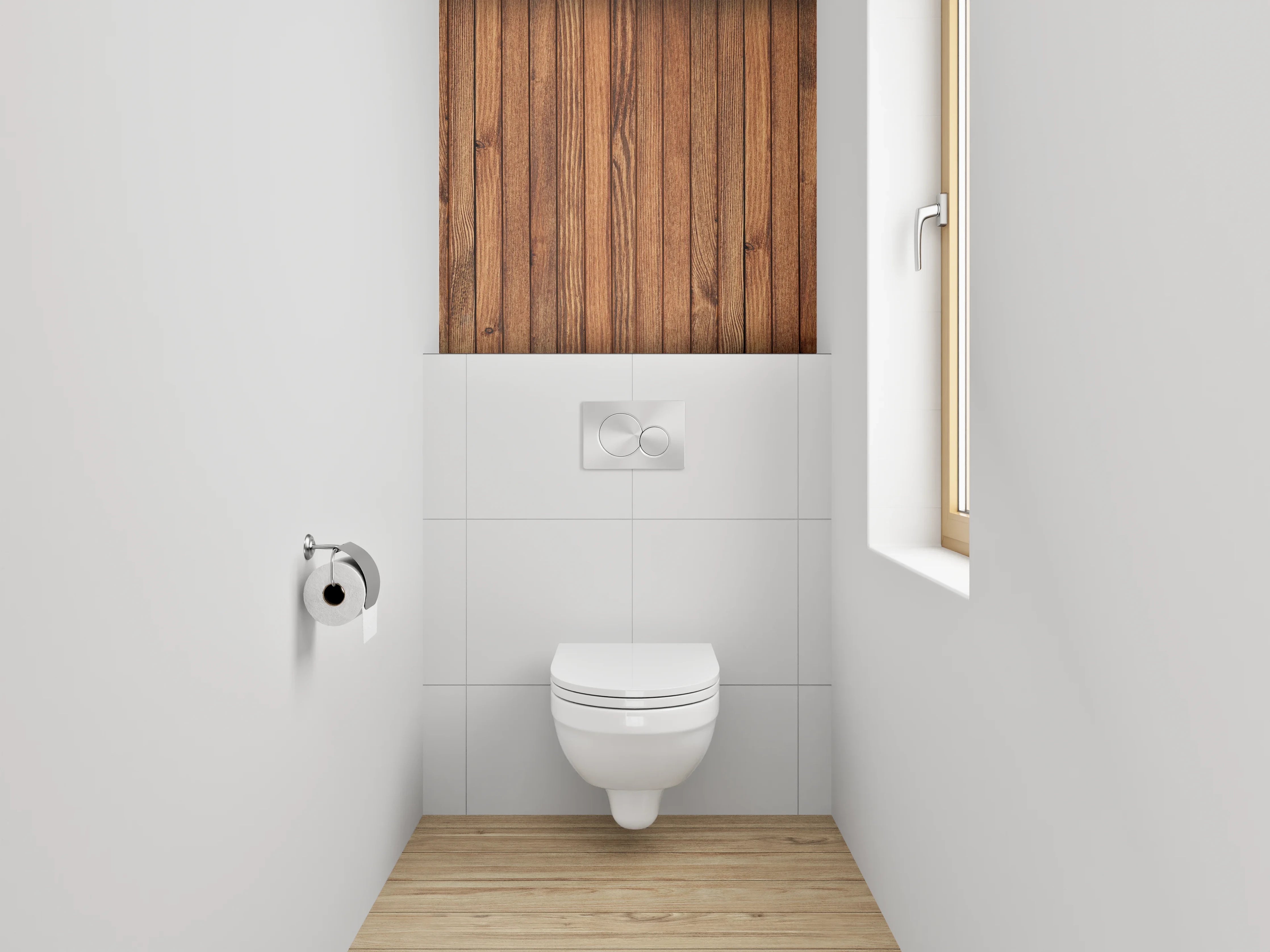 WC-Rückwand - Holzvertäfelung in warmen Brauntönen