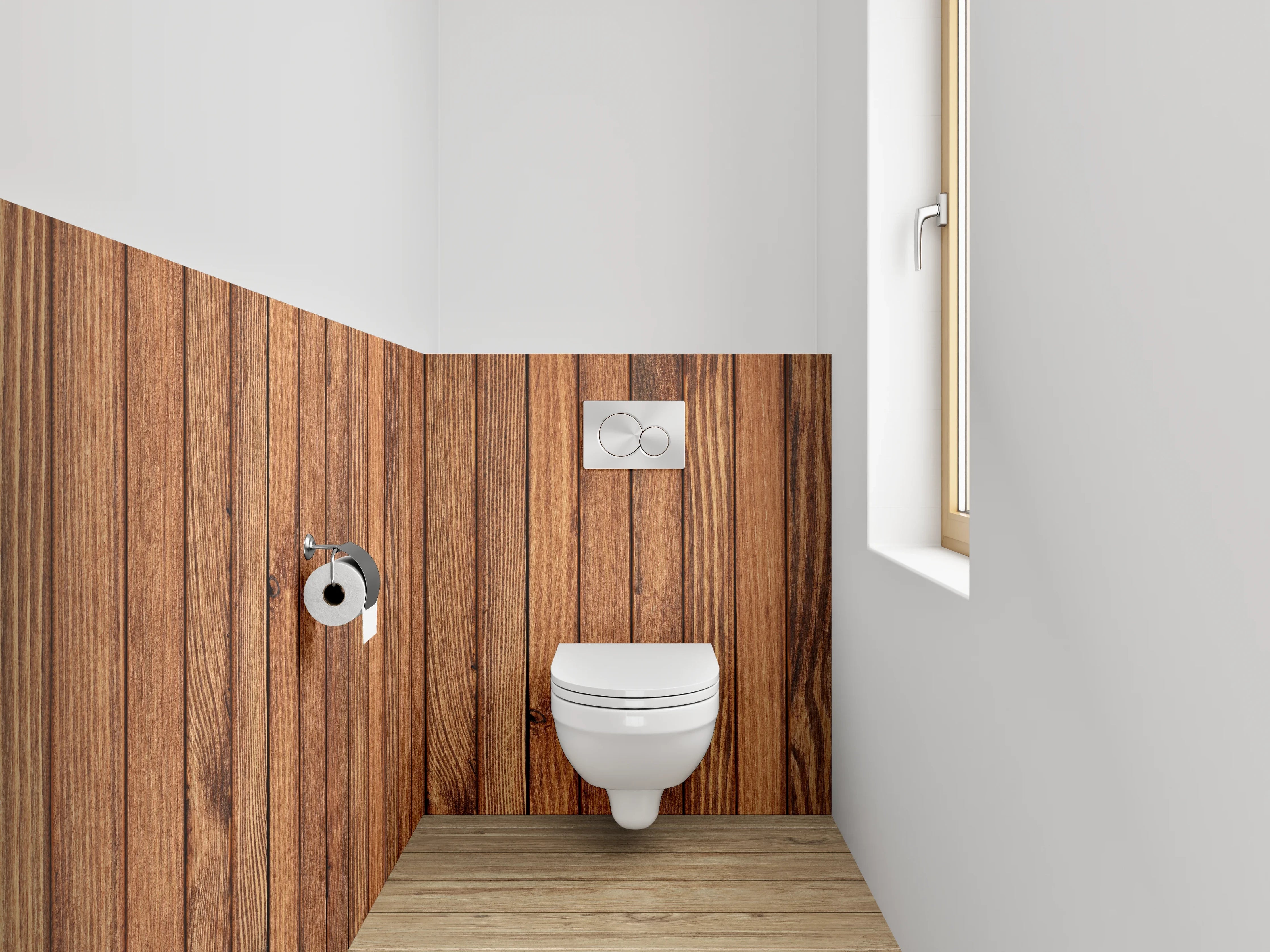 WC-Rückwand - Holzvertäfelung in warmen Brauntönen