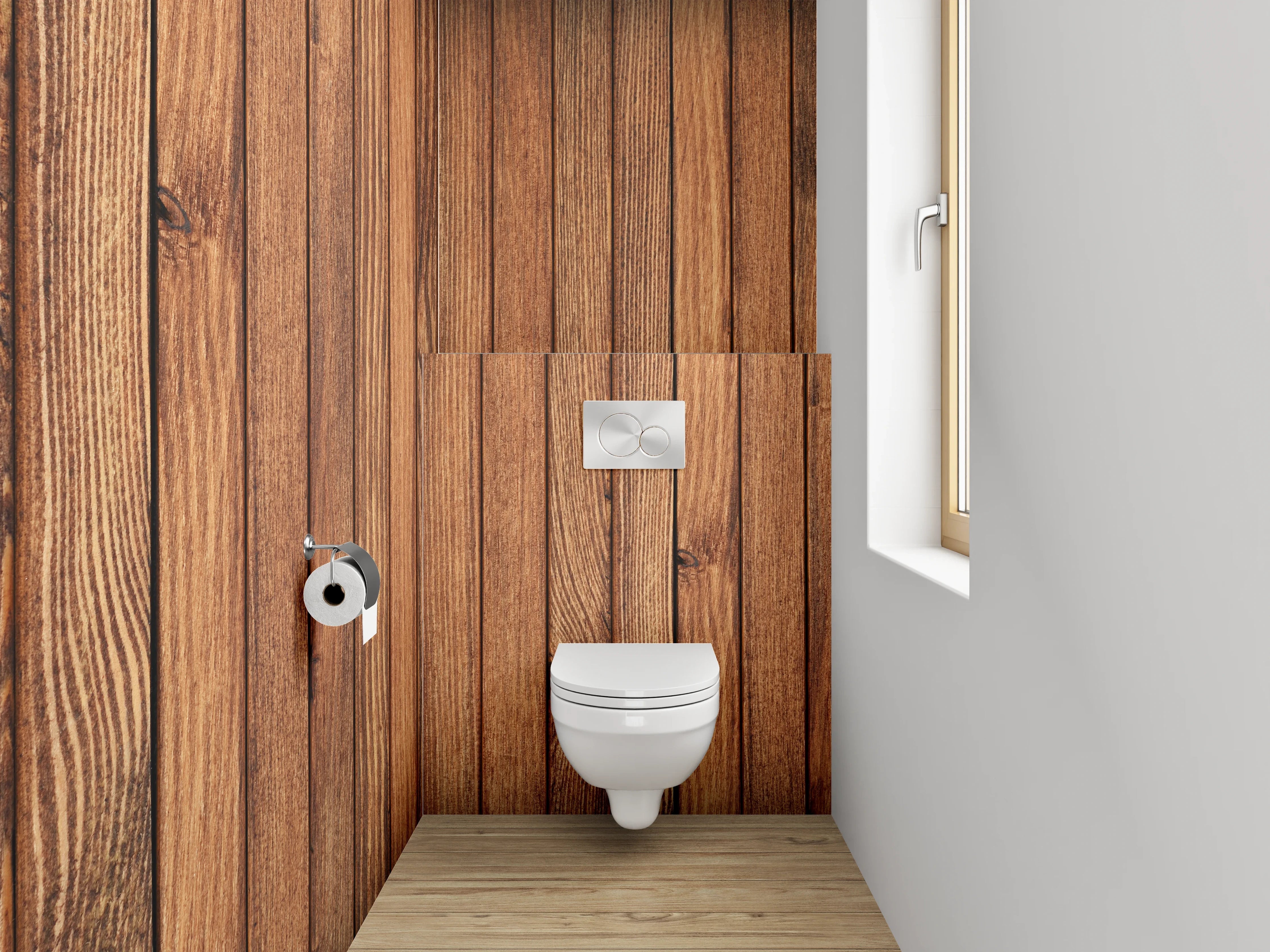 WC-Rückwand - Holzvertäfelung in warmen Brauntönen