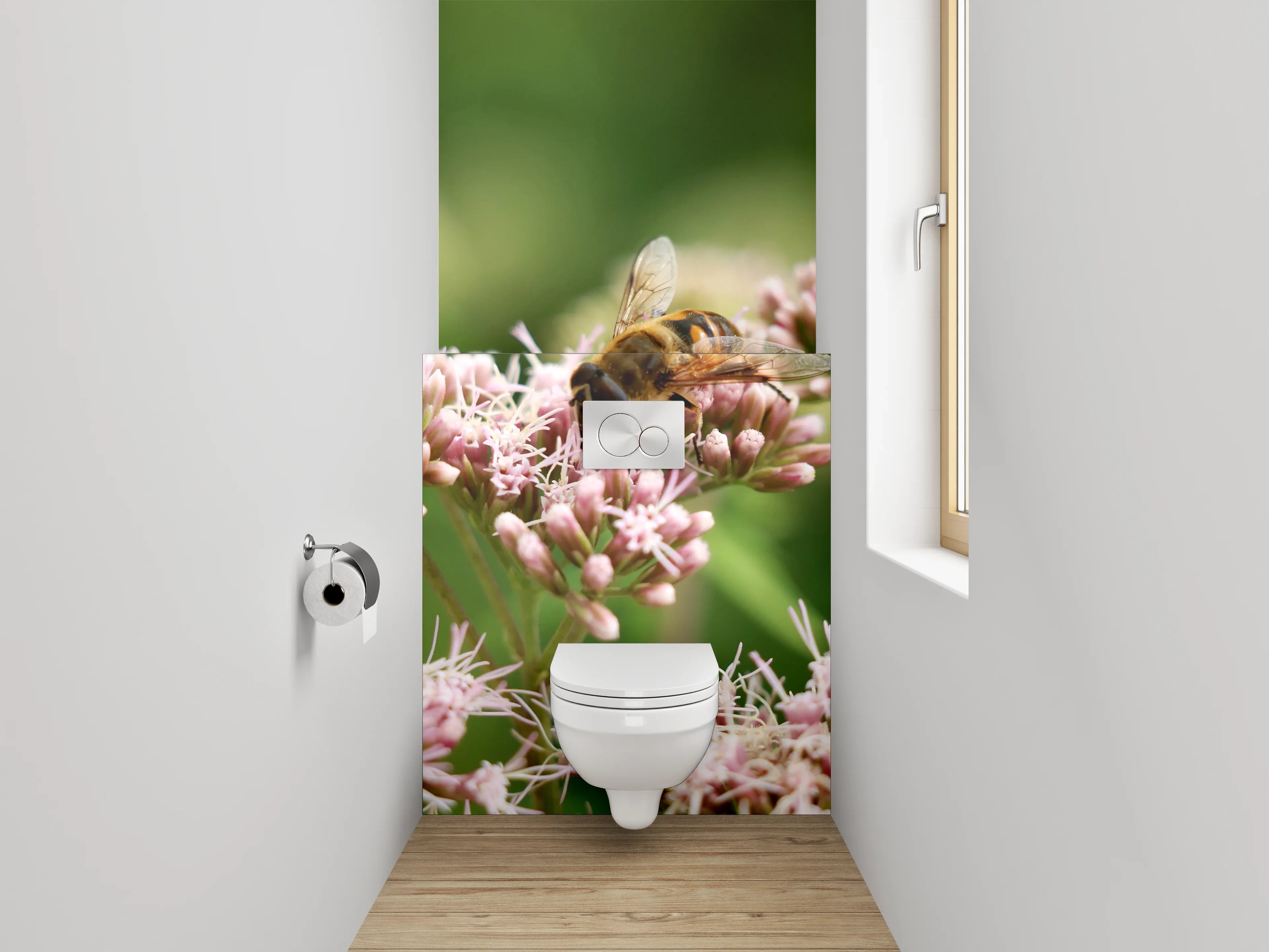 WC-Rückwand - Honigsammlerin auf pastellfarbenen Blüten