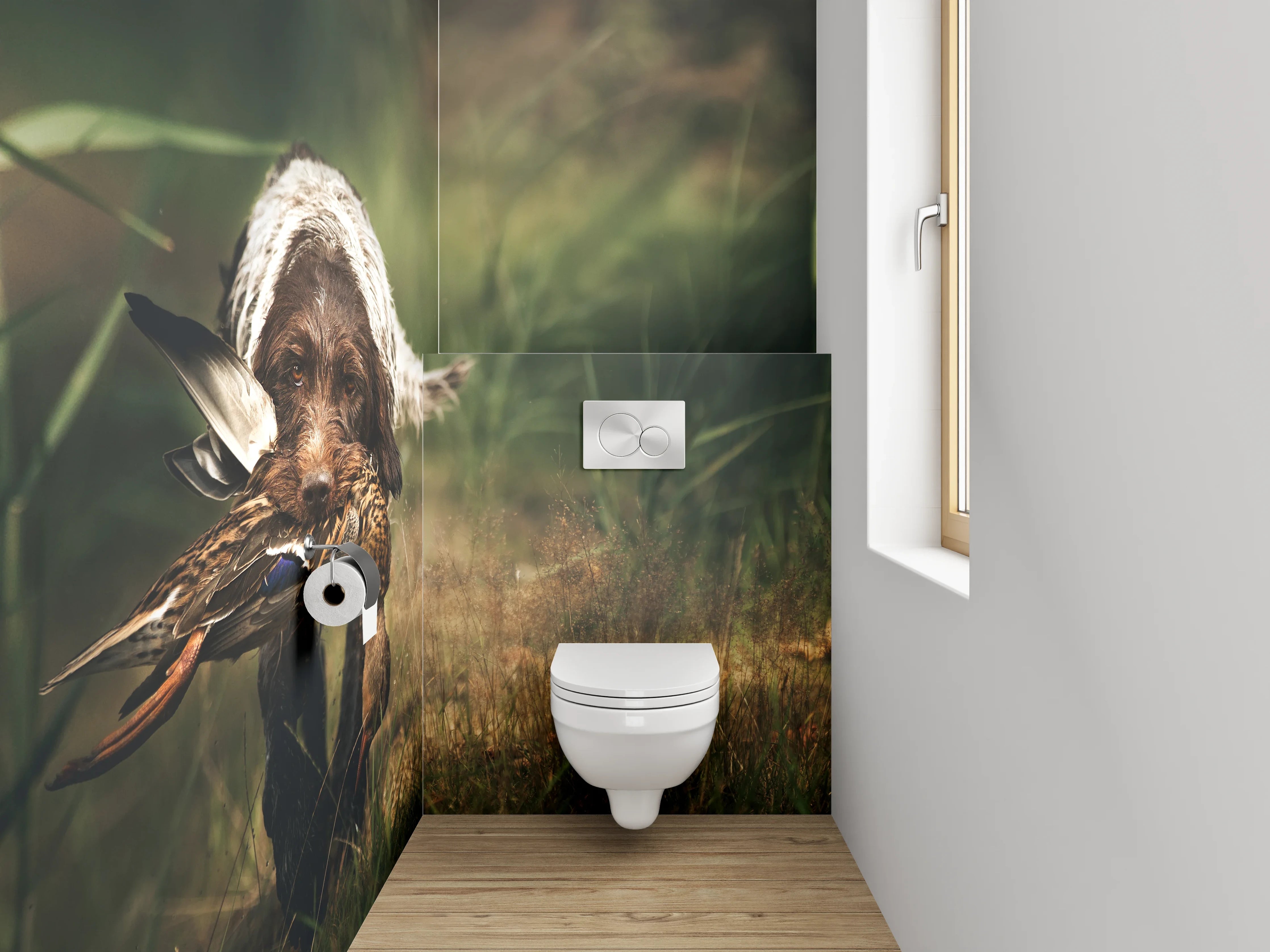 WC-Rückwand - Hund mit Ente im Feld