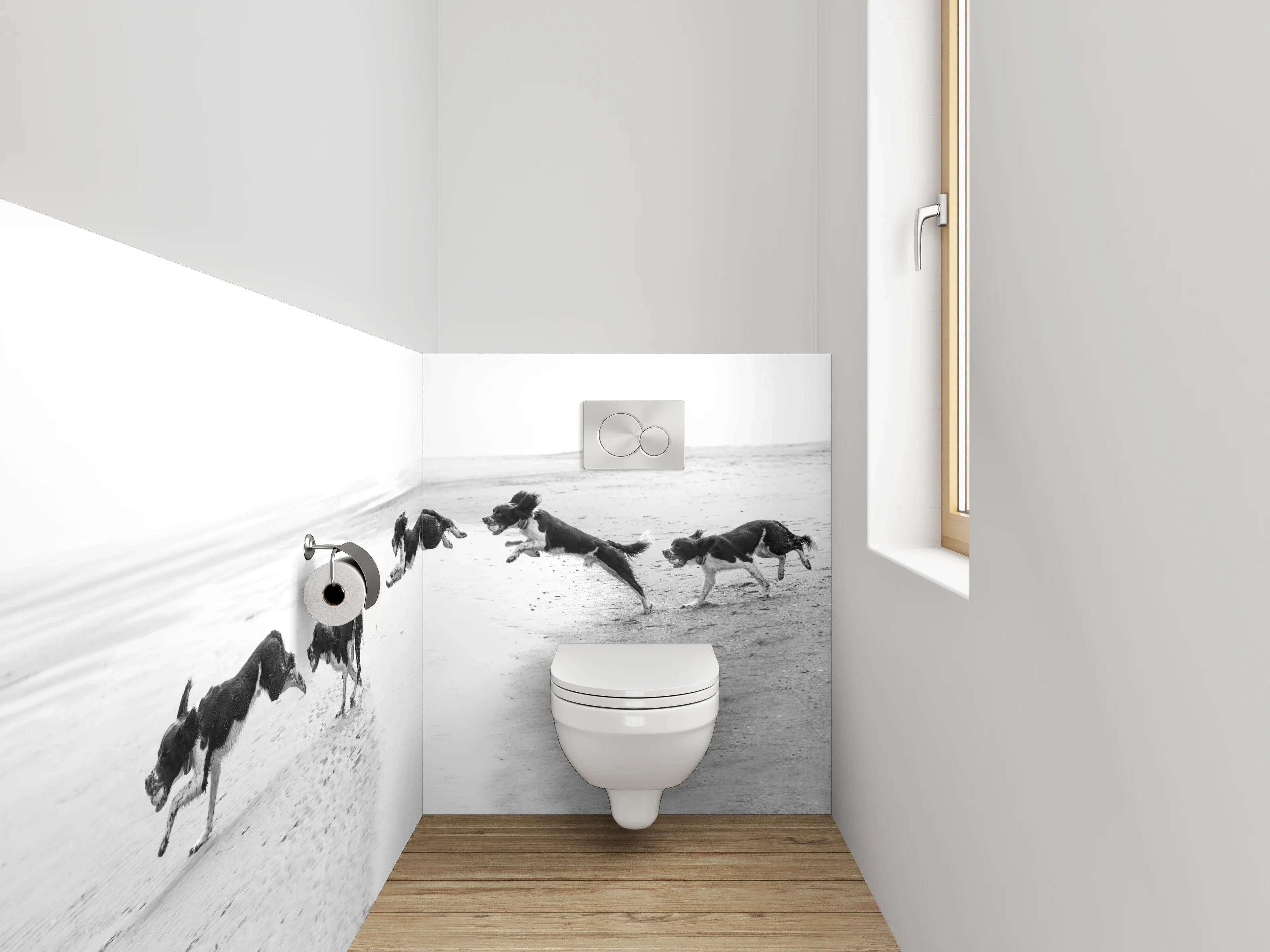 WC-Rückwand - Hunde am Strand Schwarz-Weiß