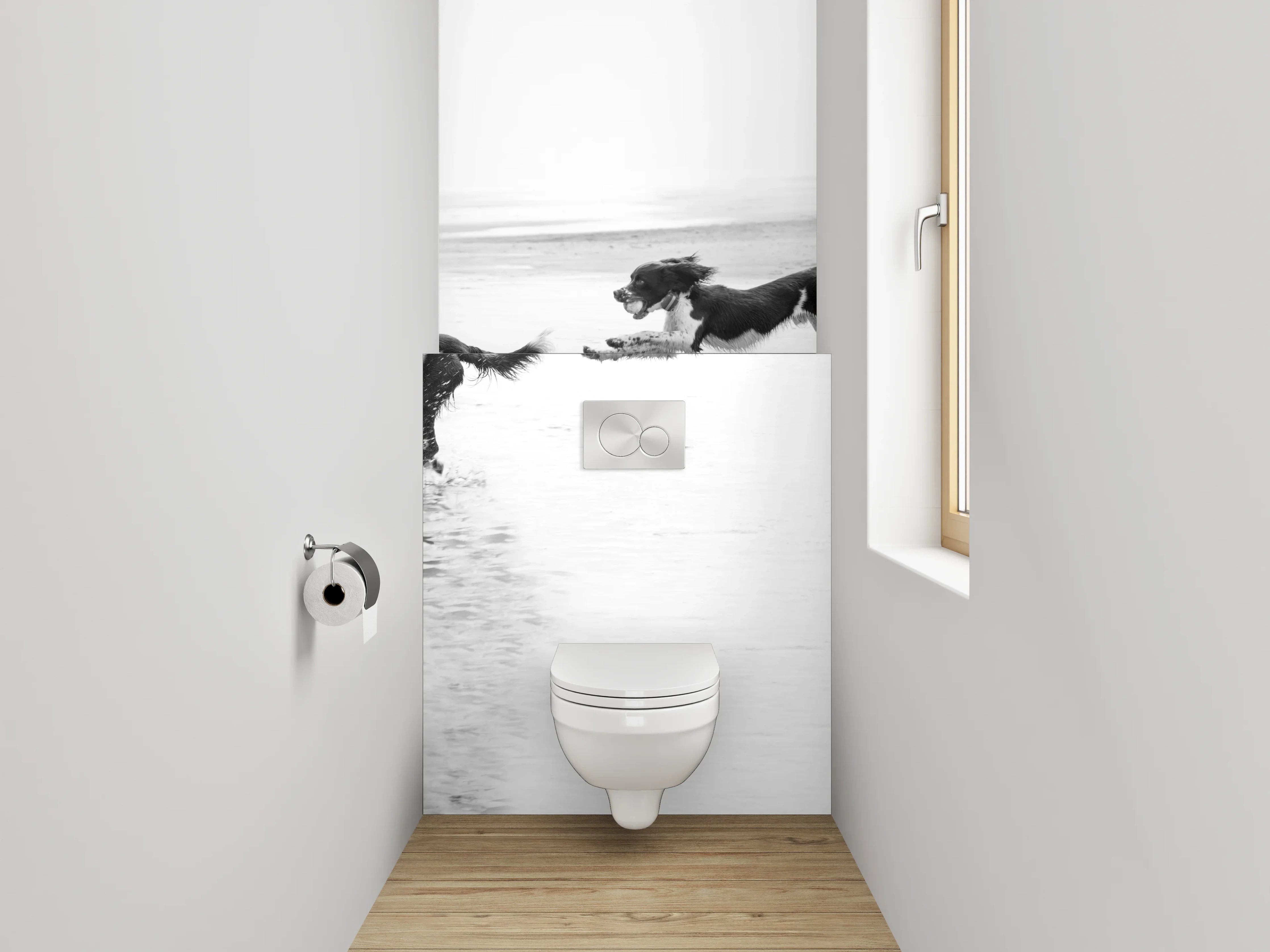WC-Rückwand - Hunde am Strand Schwarz-Weiß
