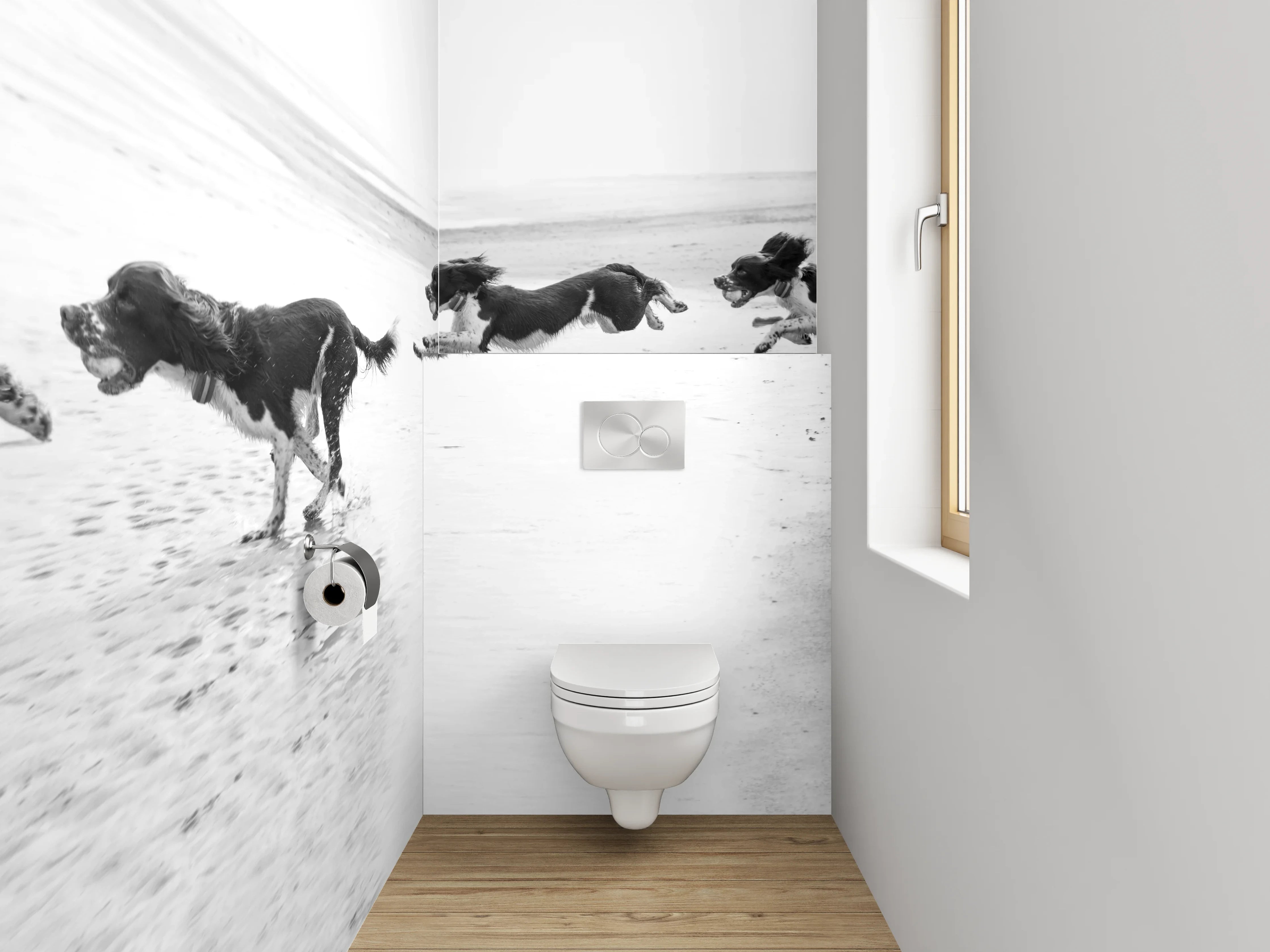 WC-Rückwand - Hunde am Strand Schwarz-Weiß