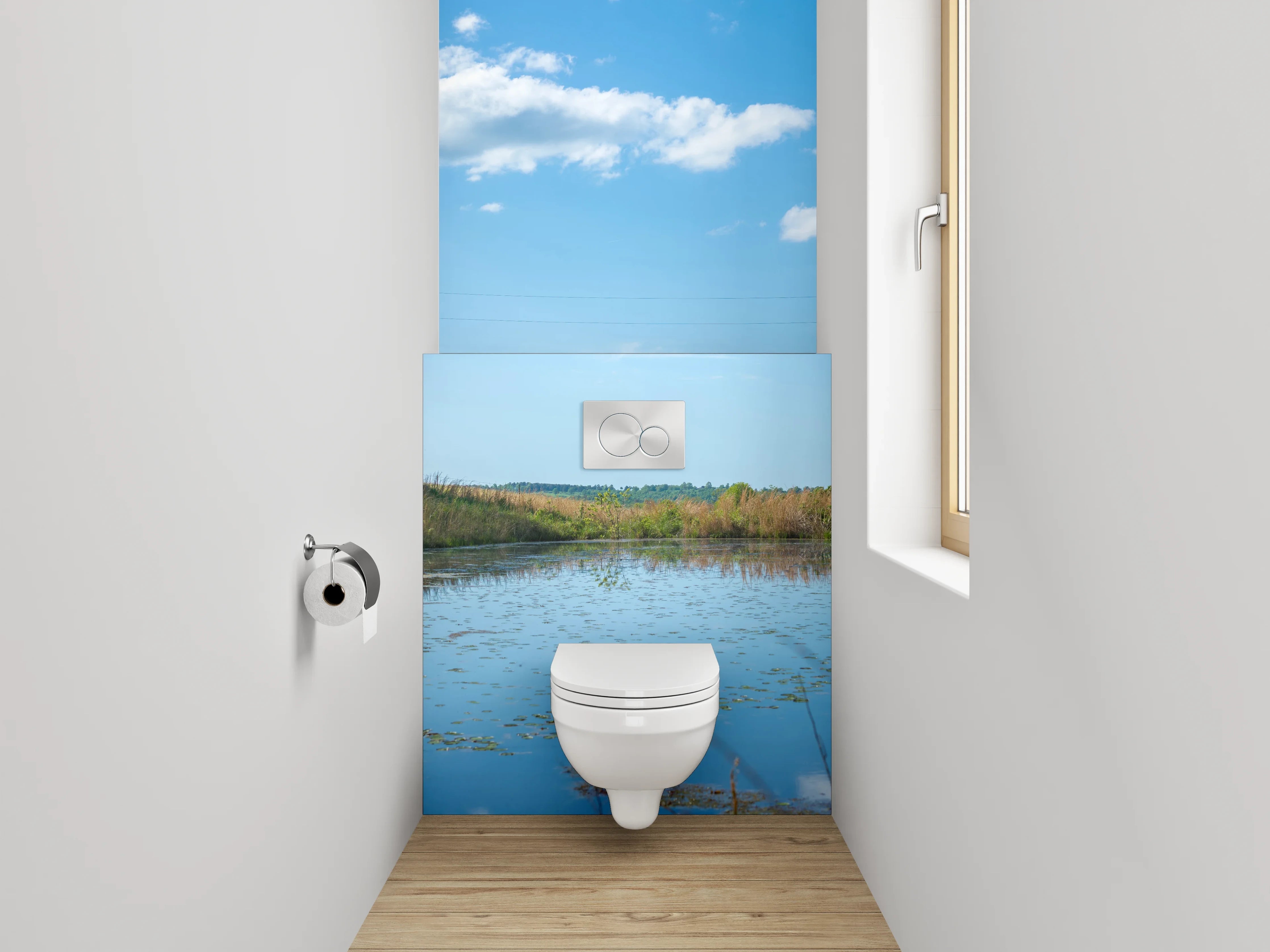 WC-Rückwand - Idyllische Landschaft mit See und Hütte