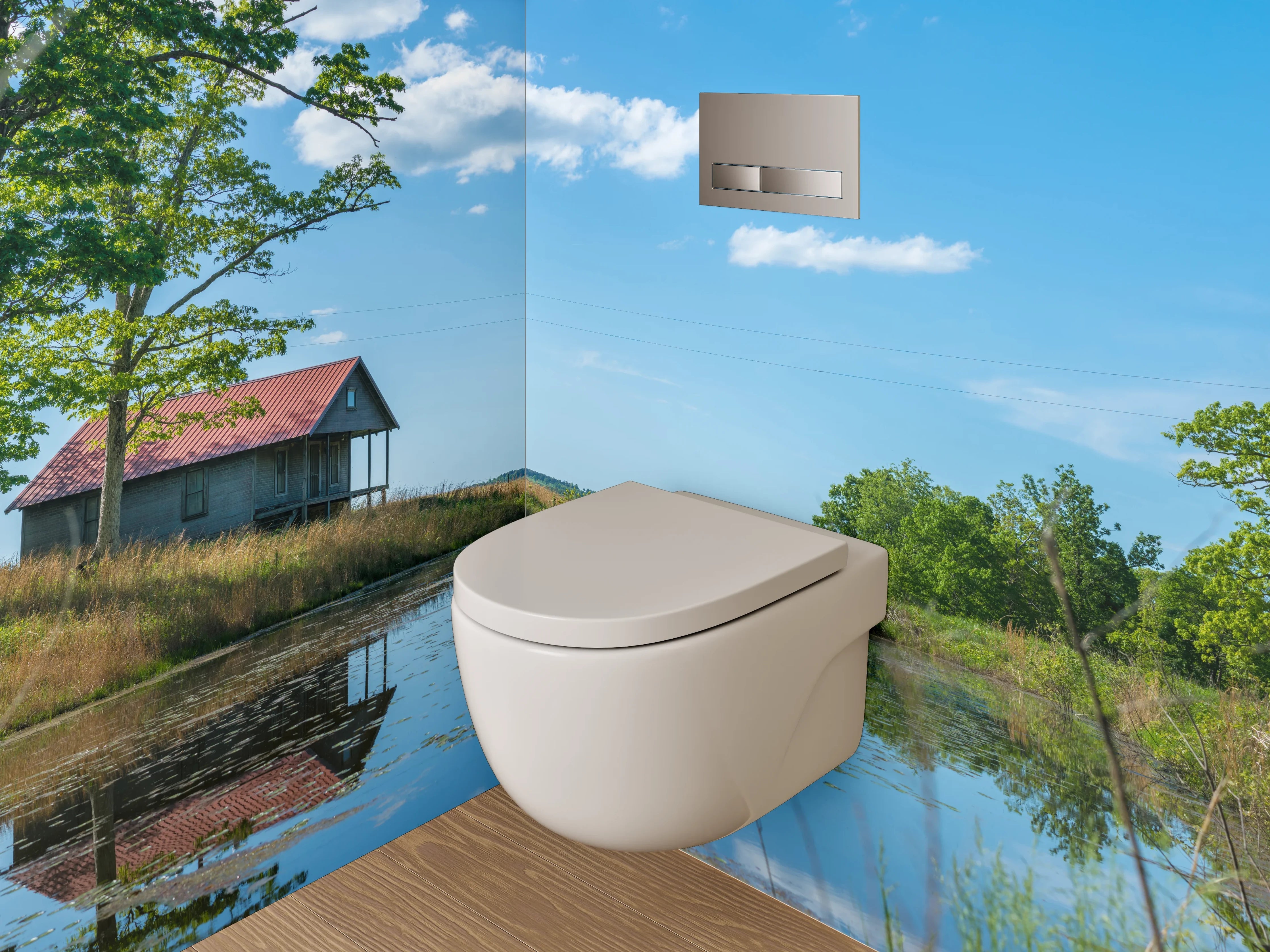 WC-Rückwand - Idyllische Landschaft mit See und Hütte