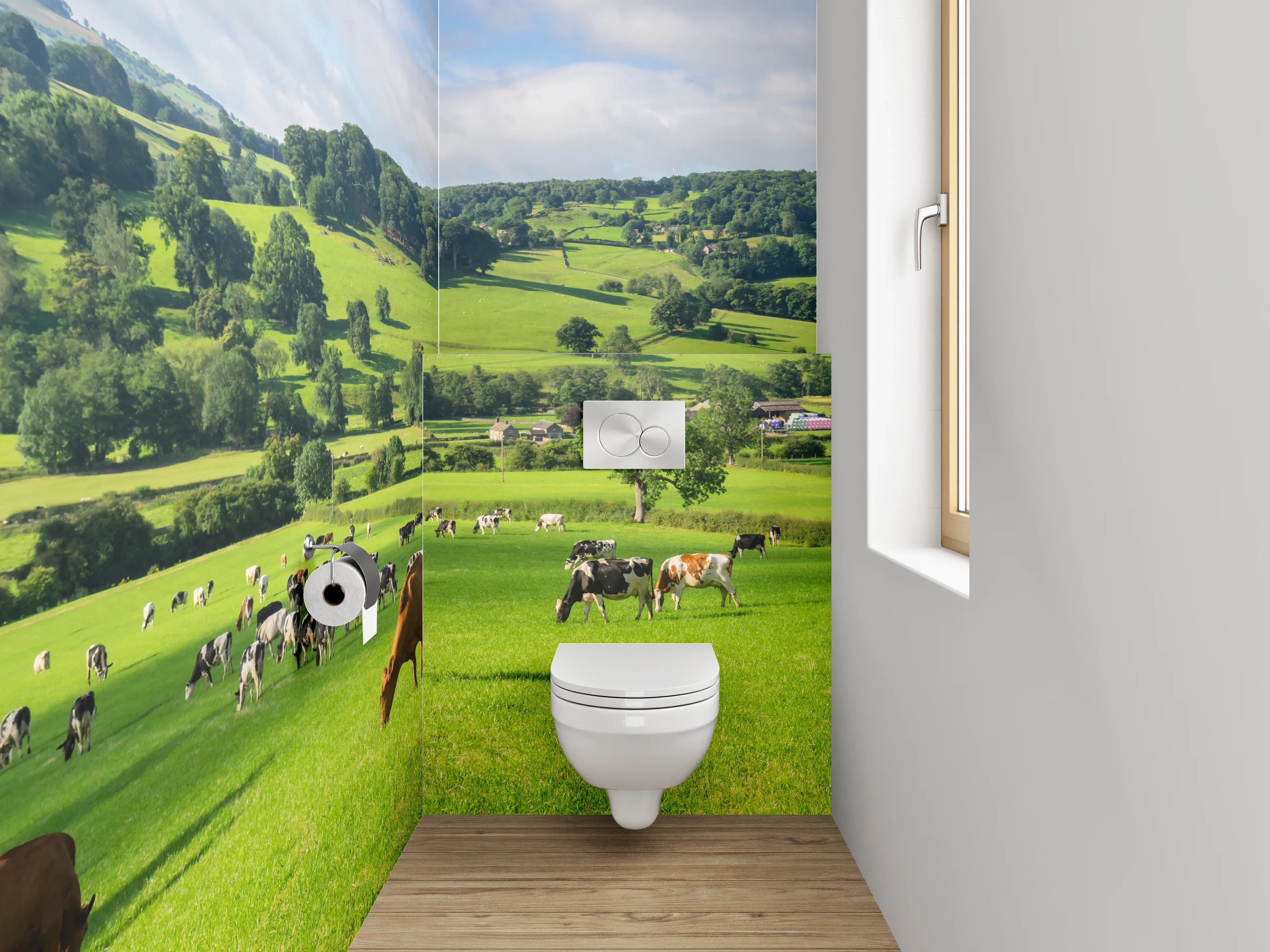 WC-Rückwand - Idyllische grüne Weidelandschaft mit Kühen