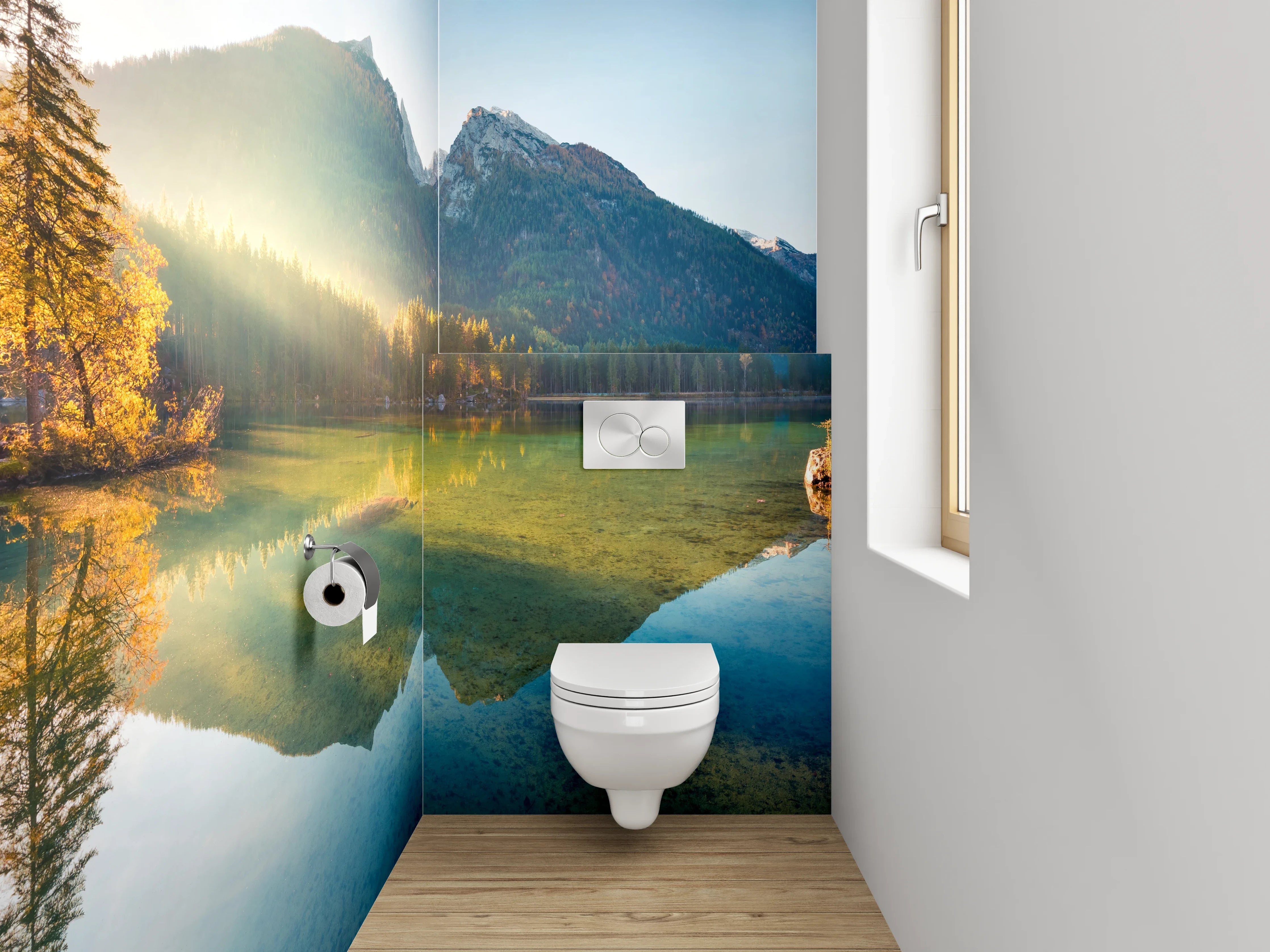 WC-Rückwand - Idyllischer Bergsee im Morgenlicht